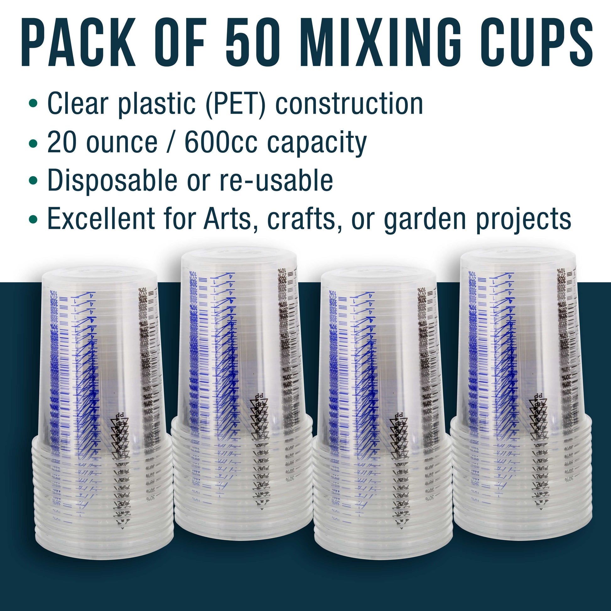 TCP Global 20 Ounce (600ml) Disposable Flexible Clear Graduated Plastic Mixing Cups - Box of 50 Cups - Use for Paint, Resin, Epoxy, Art, Kitchen, Cooking, Baking - Measuring Ratios 2-1, 3-1, 4-1, ML