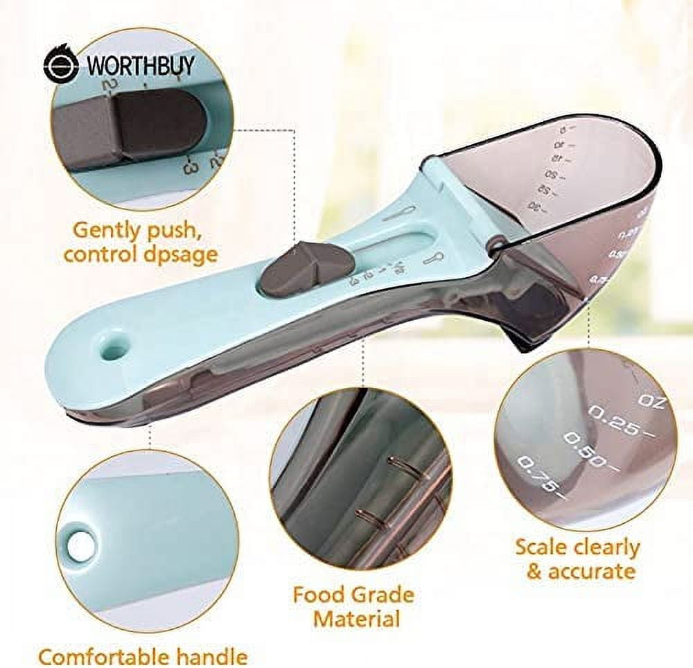 2 Pcs Plastic Measuring Spoon Set for your kitchen spoons for all kind of measuring Magnetic back to help stay on your fridge Adjustable easy to use Precise measuring, and convenient - Small& Large