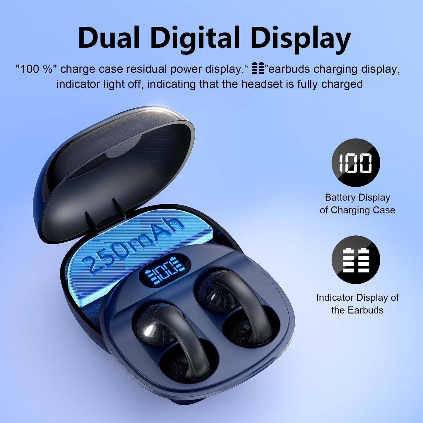 VEAT00L Open-Ear Headphones, Wireless Clip On Earbuds with Digital Display Charging Case 68 Hours Playtime, Lightweight Comfort, Stable Fit, Open-Ear Safety Design for Active and Office Use
