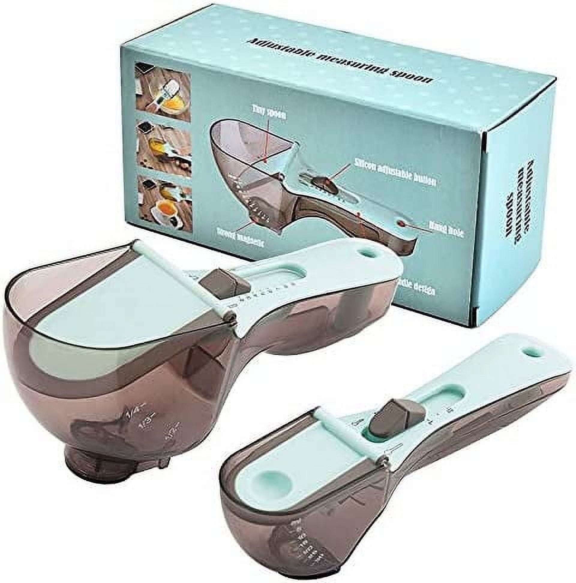2 Pcs Plastic Measuring Spoon Set for your kitchen spoons for all kind of measuring Magnetic back to help stay on your fridge Adjustable easy to use Precise measuring, and convenient - Small& Large