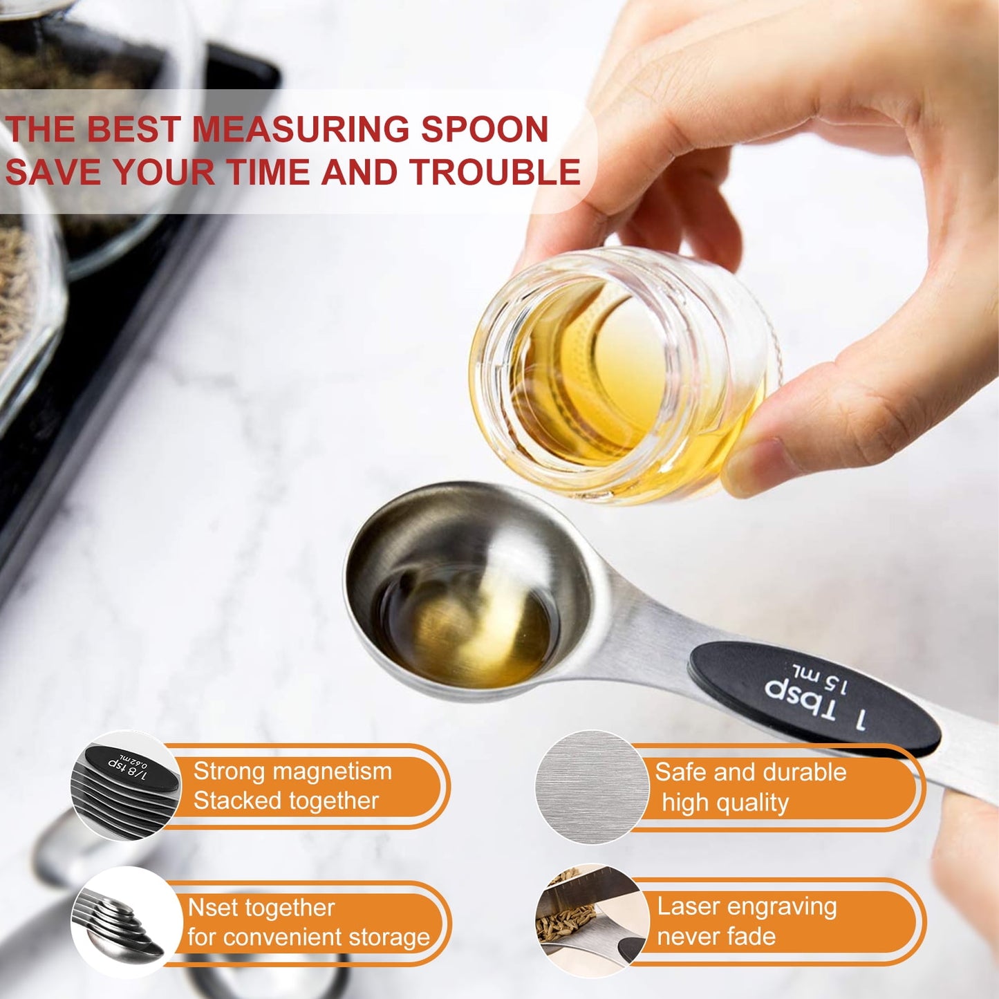 Magnetic Measuring Spoons Set, Dual Sided, Stainless Steel, Fits in Spice Jars (8Pcs-Black)