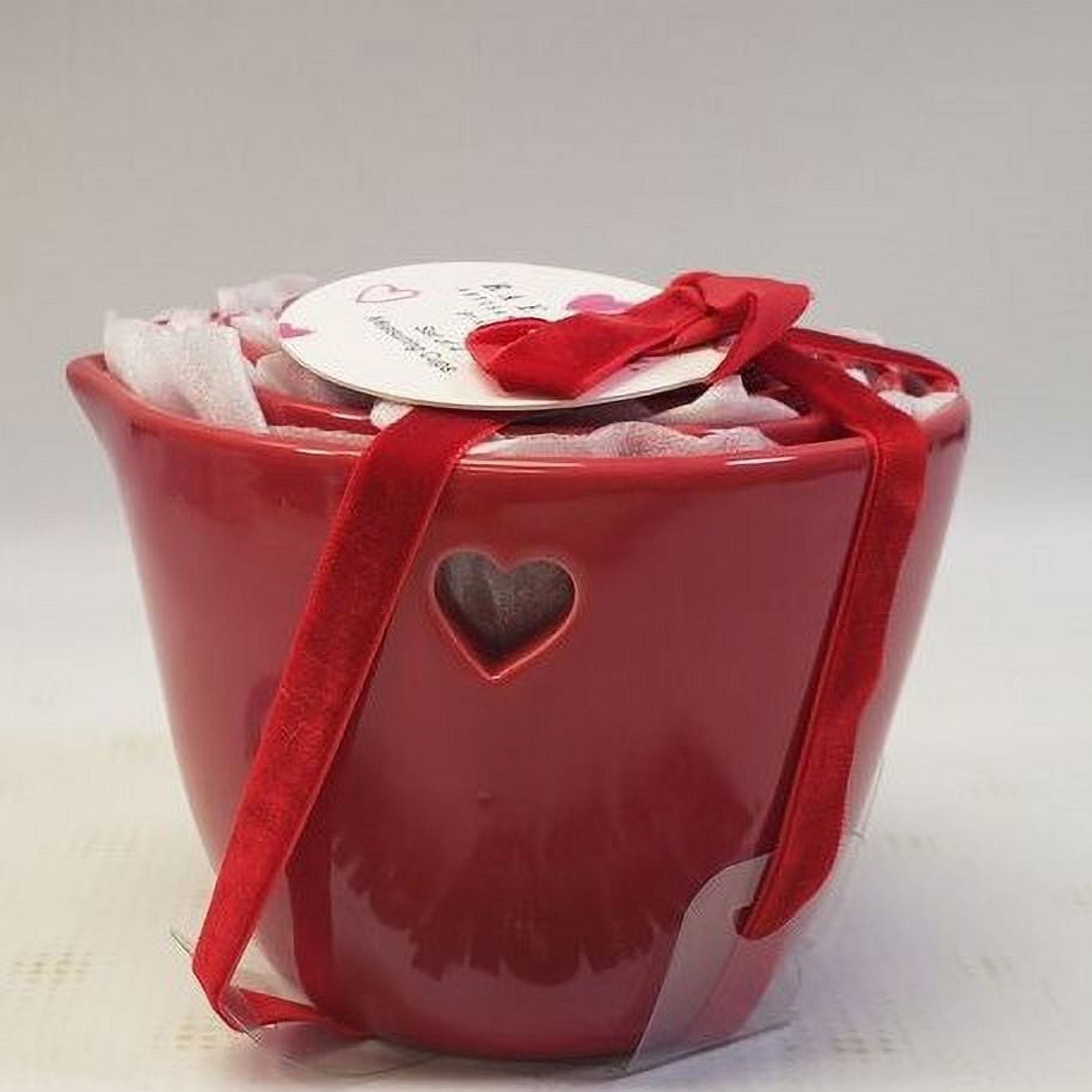 Rae Dunn ONE Red Ceramic Measuring Cup Set of 4 includes one cup; half cup; third cup and fourth cup Heart Cutout on back side Ivory LL Letters Valentine's Day