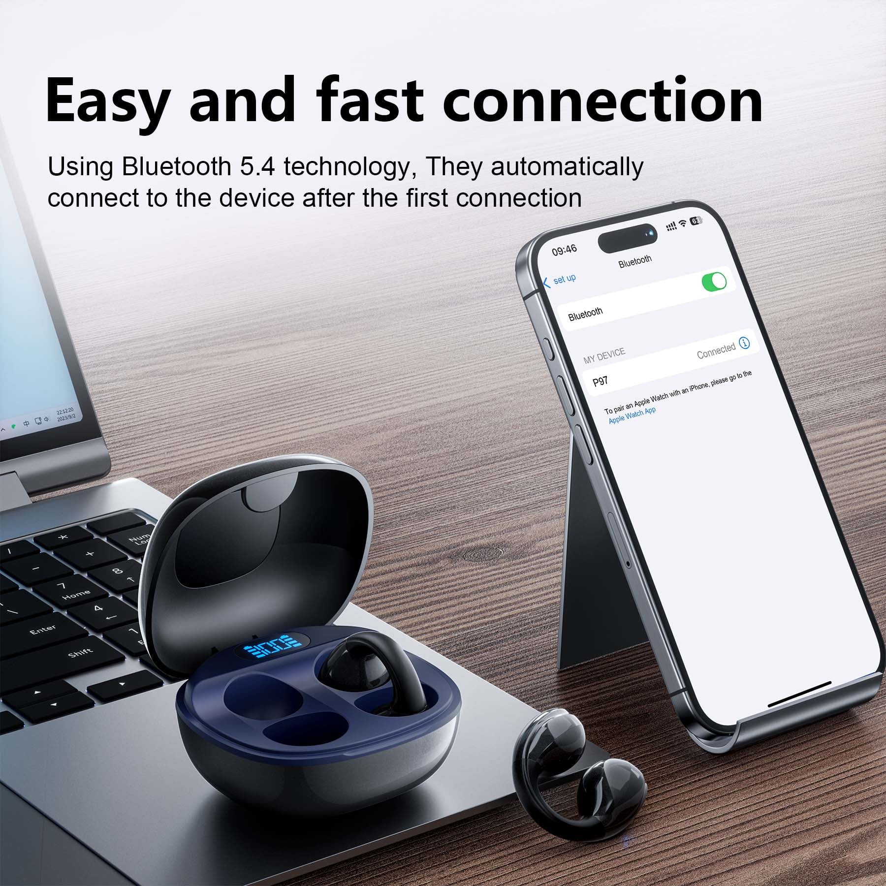 VEAT00L Open-Ear Headphones, Wireless Clip On Earbuds with Digital Display Charging Case 68 Hours Playtime, Lightweight Comfort, Stable Fit, Open-Ear Safety Design for Active and Office Use