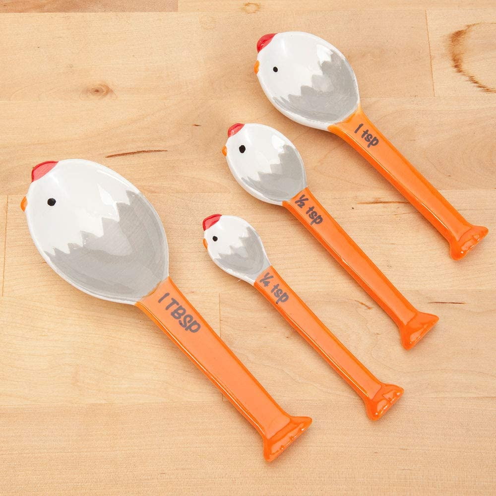 Bits and Pieces Ceramic Chicken Measuring Spoons – 4-Piece Kitchen Décor