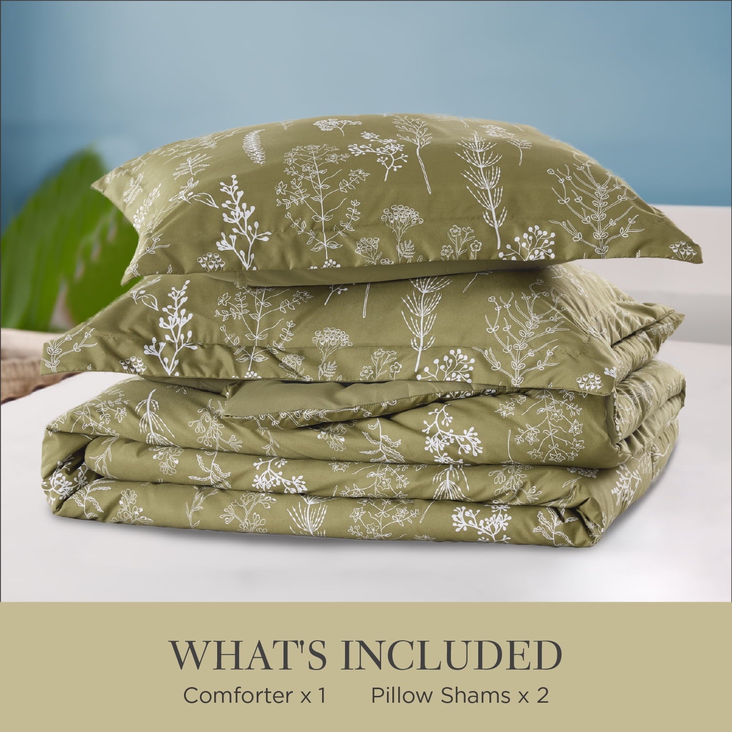 Cozy Comfort 3 Pieces Comforter Sets, 1 Soft Reversible Botanical Flowers Comforter and 2 Pillow Shams, Olive Green, Queen Size