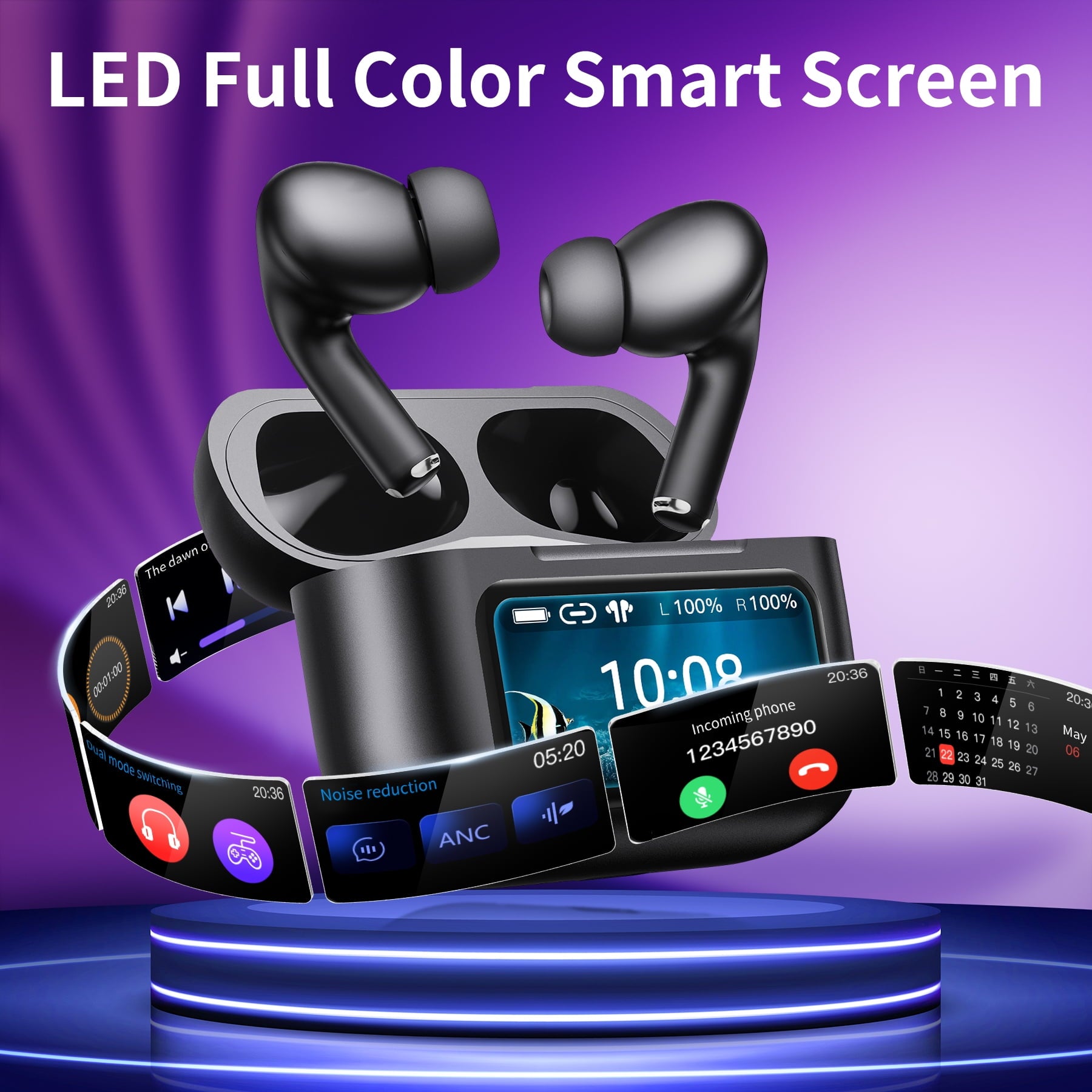 VEAT00L A9 ANC+ENC Earbuds with Smart Touch Screen,Bluetooth 5.4, HiFi Stereo Multiple EQ settings