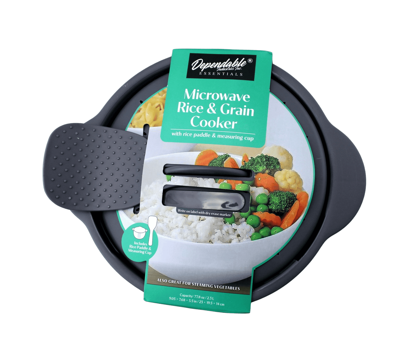 Dependable Industries Inc. Essentials Multi Use Microwave Rice and Grain Cooker Vegetable Steamer with Mixing Serving Paddle and Measuring Cup  2.7L