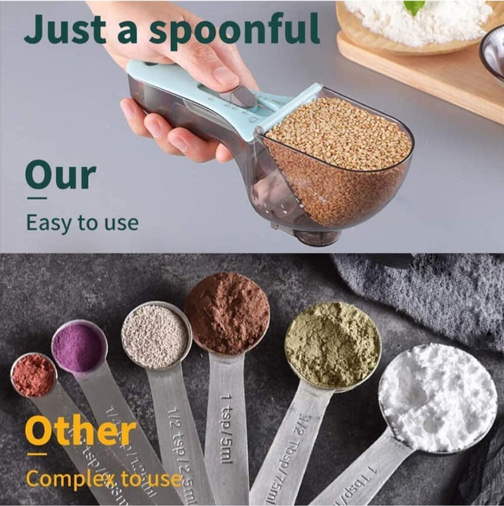 2 Pcs Plastic Measuring Spoon Set for your kitchen spoons for all kind of measuring Magnetic back to help stay on your fridge Adjustable easy to use Precise measuring, and convenient - Small& Large