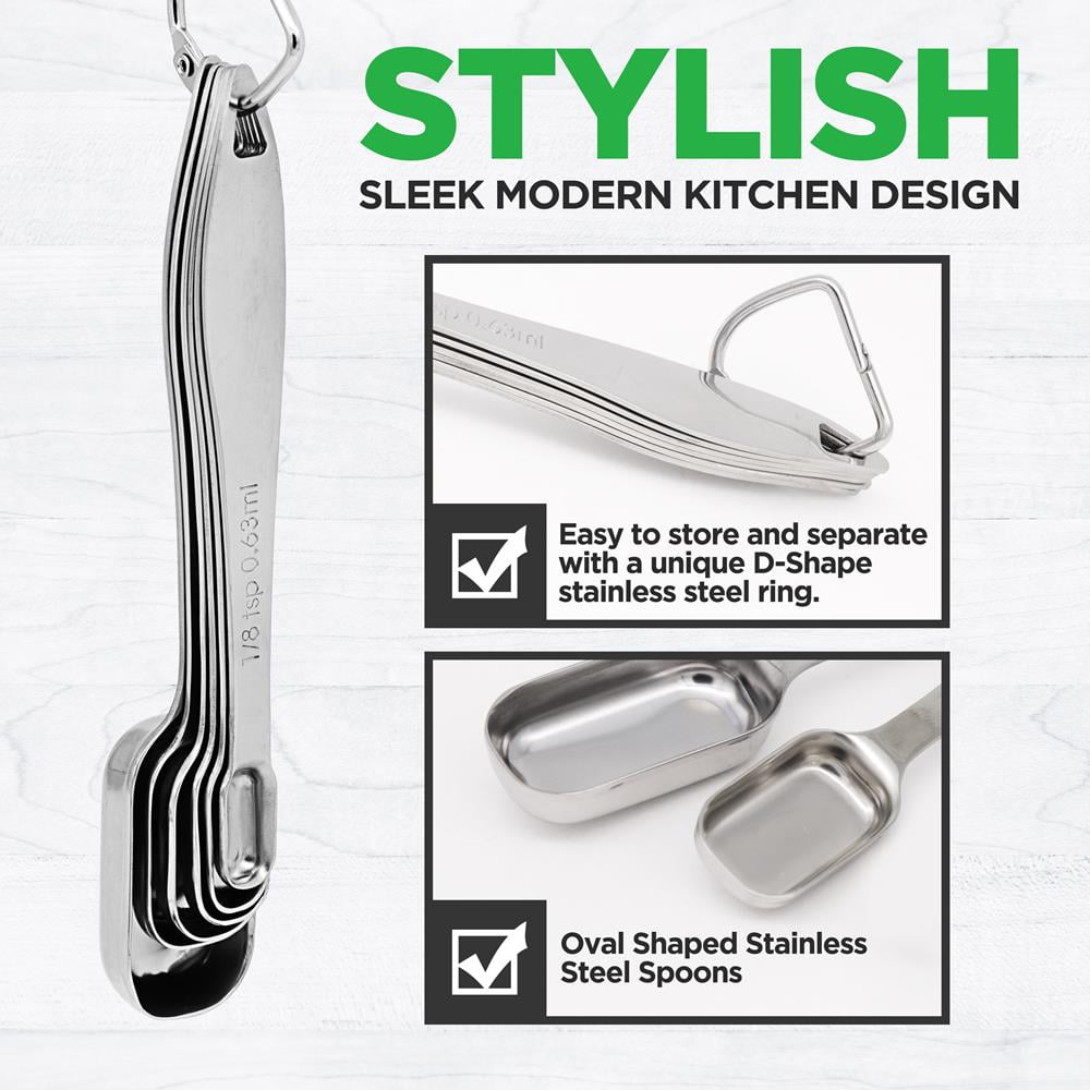 NutriChef 6Pc Heavy Duty Oval Shaped Kitchen Metal Stainless Steel Measuring Spoon Set