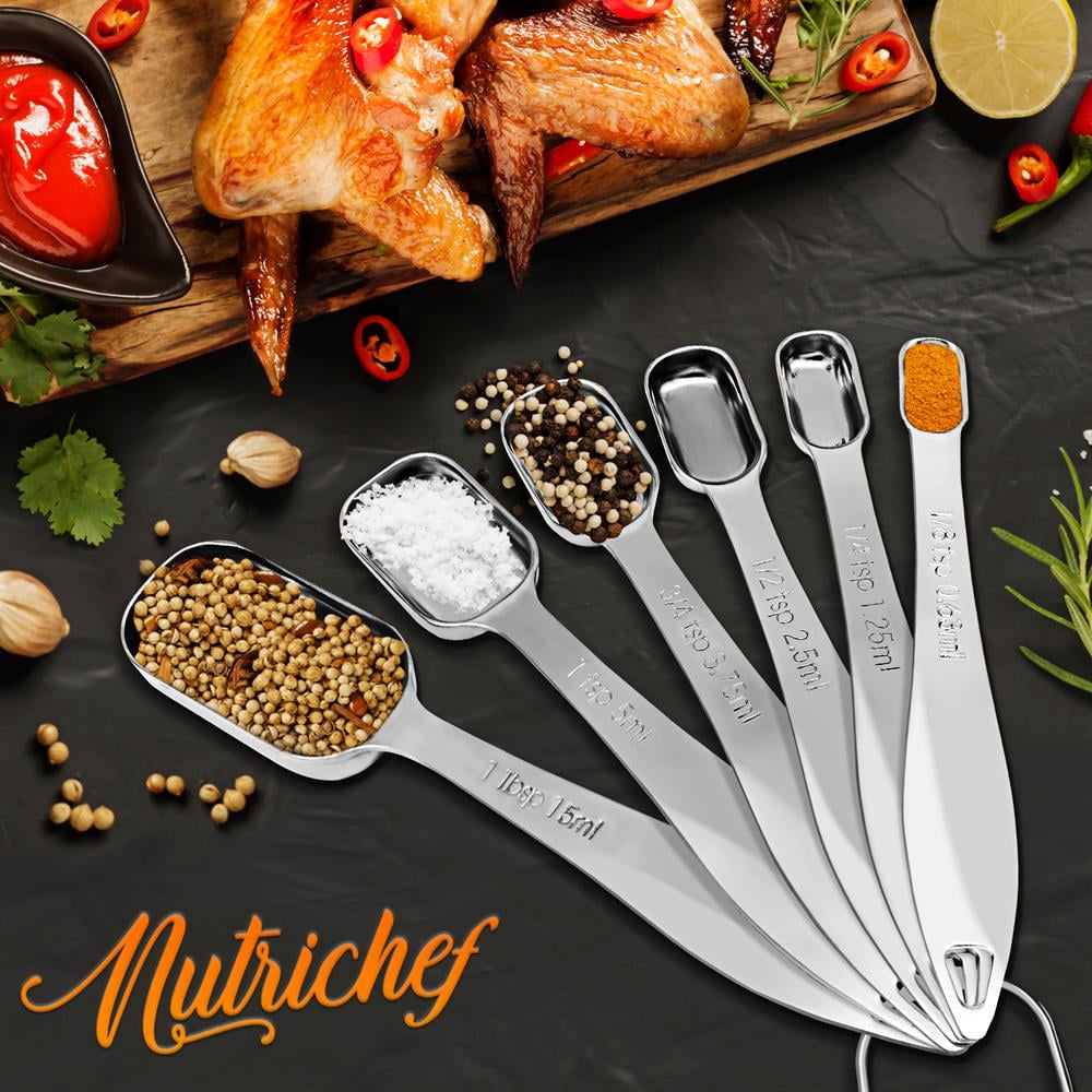 NutriChef 6Pc Heavy Duty Oval Shaped Kitchen Metal Stainless Steel Measuring Spoon Set