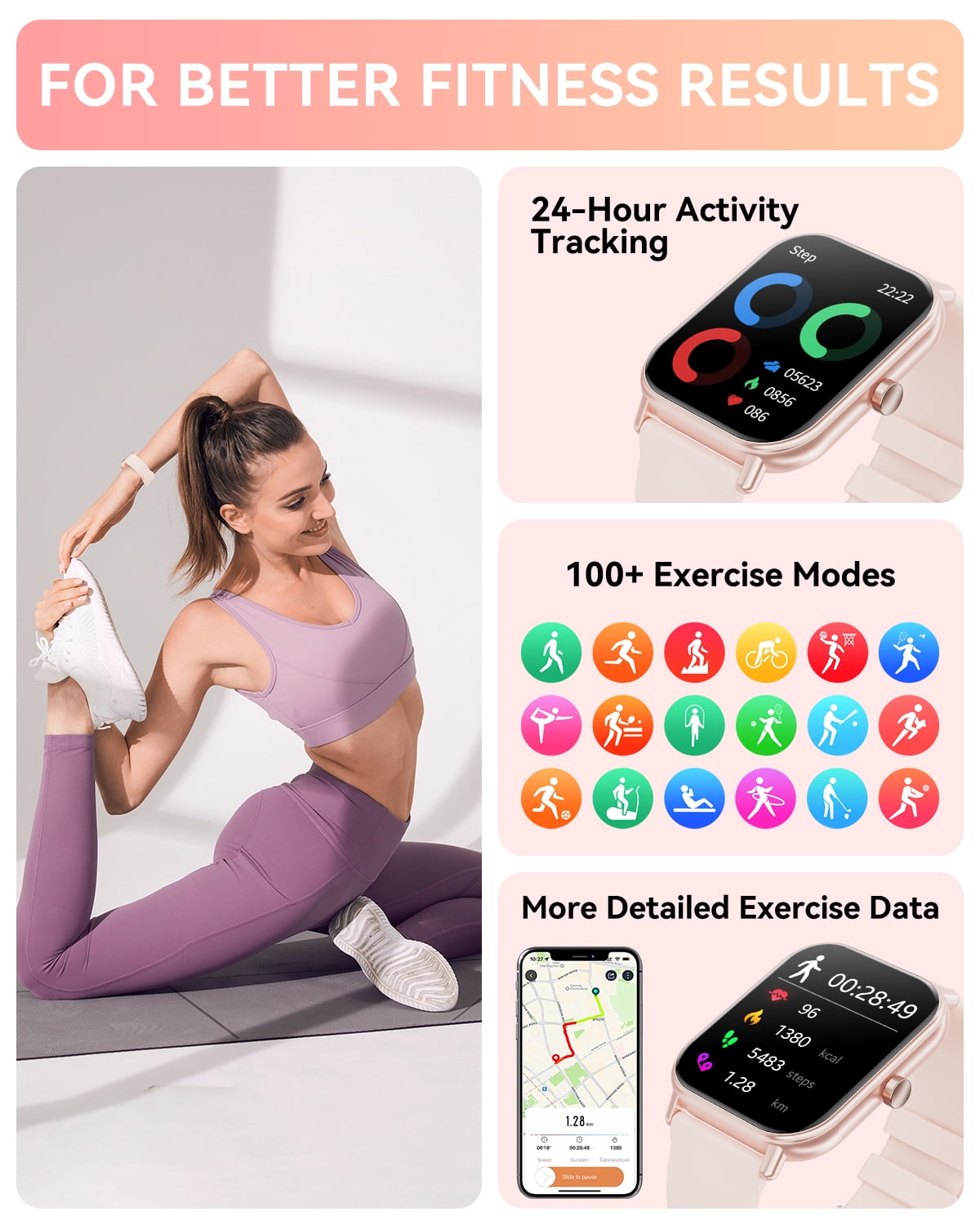 Mingwear 1.85-Inch Men's and Women's smartwatch fits for Android and iPhone Devices with Fitness Tracker, Pedometer, Answer/Call/120 Sport Modes, IP67 Waterproof Fitness Watch (Pink)