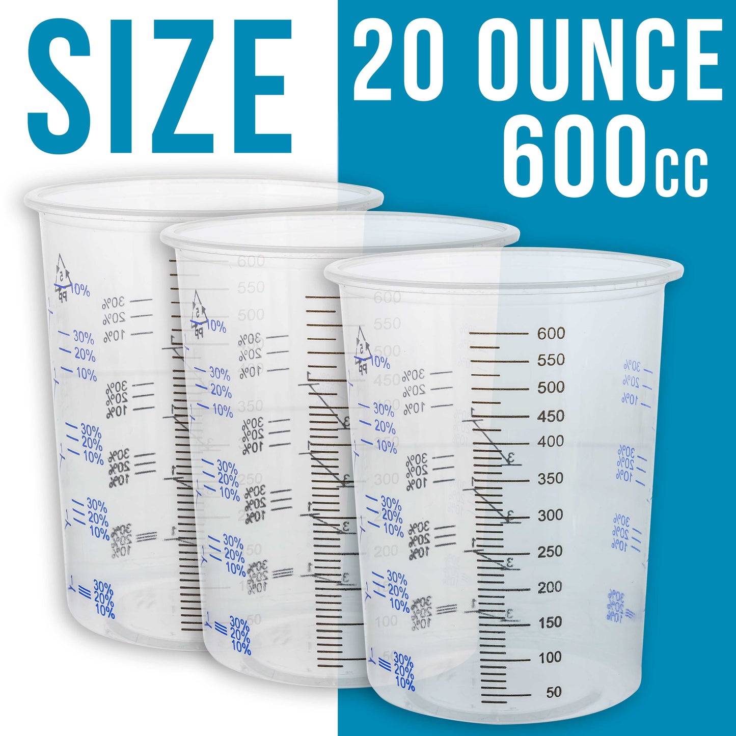 TCP Global 20 Ounce (600ml) Disposable Flexible Clear Graduated Plastic Mixing Cups - Box of 50 Cups - Use for Paint, Resin, Epoxy, Art, Kitchen, Cooking, Baking - Measuring Ratios 2-1, 3-1, 4-1, ML