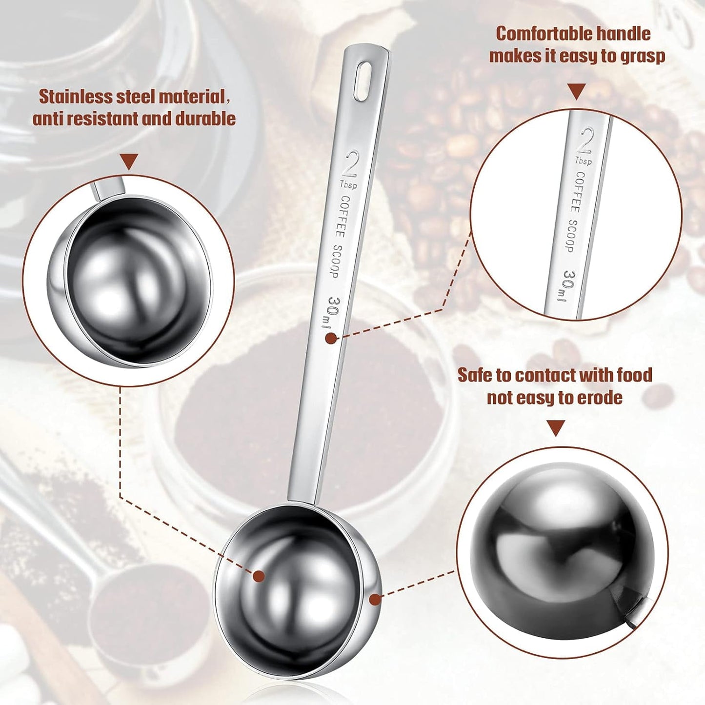 NOGIS 2 Pack Coffee Scoops Stainless Steel Measuring Spoon 2 Tablespoon with Long Handle for Tea Sugar Powder- Perfect Measuring Spoon for Ground Coffee, Espresso (30ml)