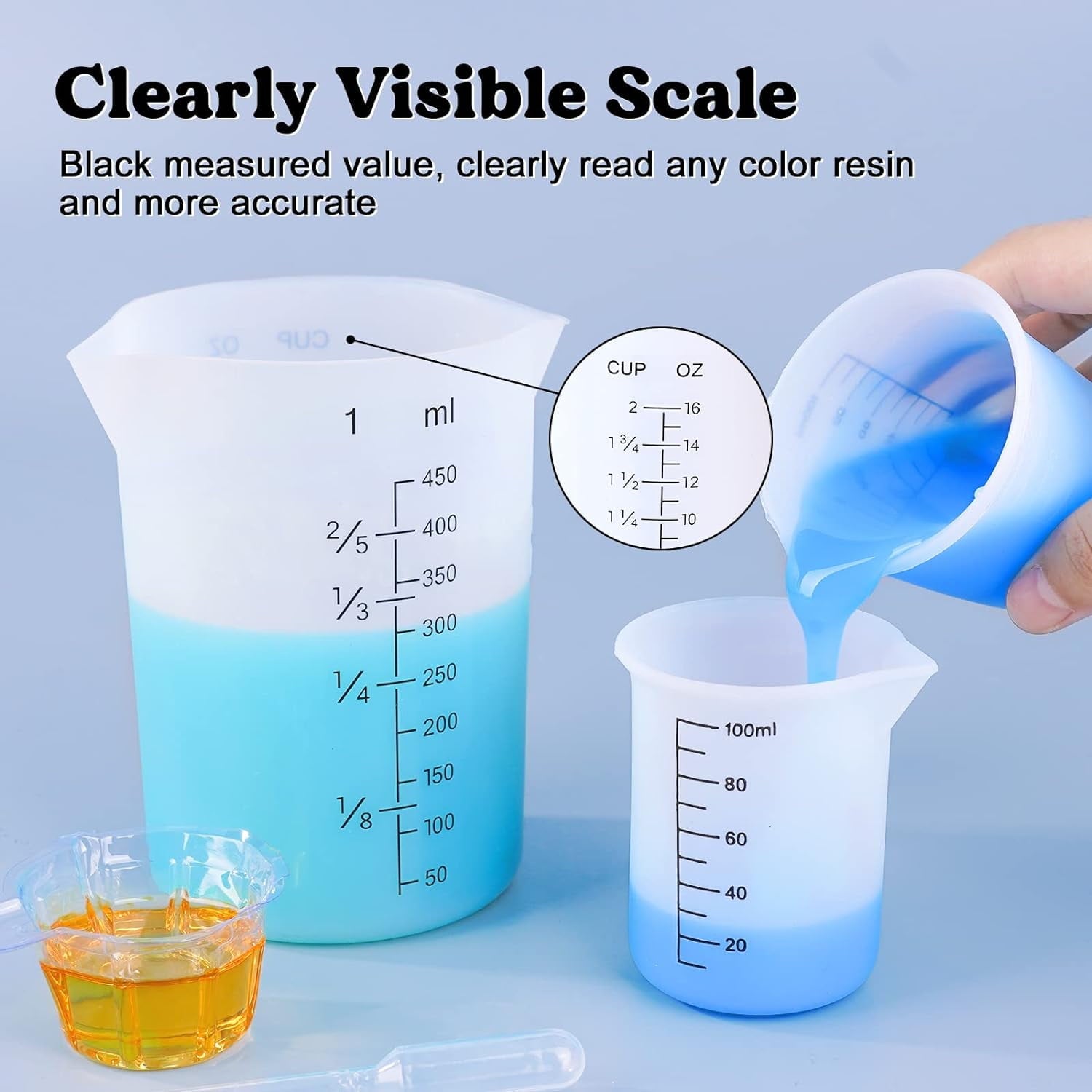 LET'S RESIN Silicone Measuring Cups, 450ml Accurate 2 Scales & 100ml Durable Measuring Cups, Epoxy Mixing Cup,Silicone Stirring Sticks, Easy Clean Resin Supplies for Resin Molds, Glitter Tumbler