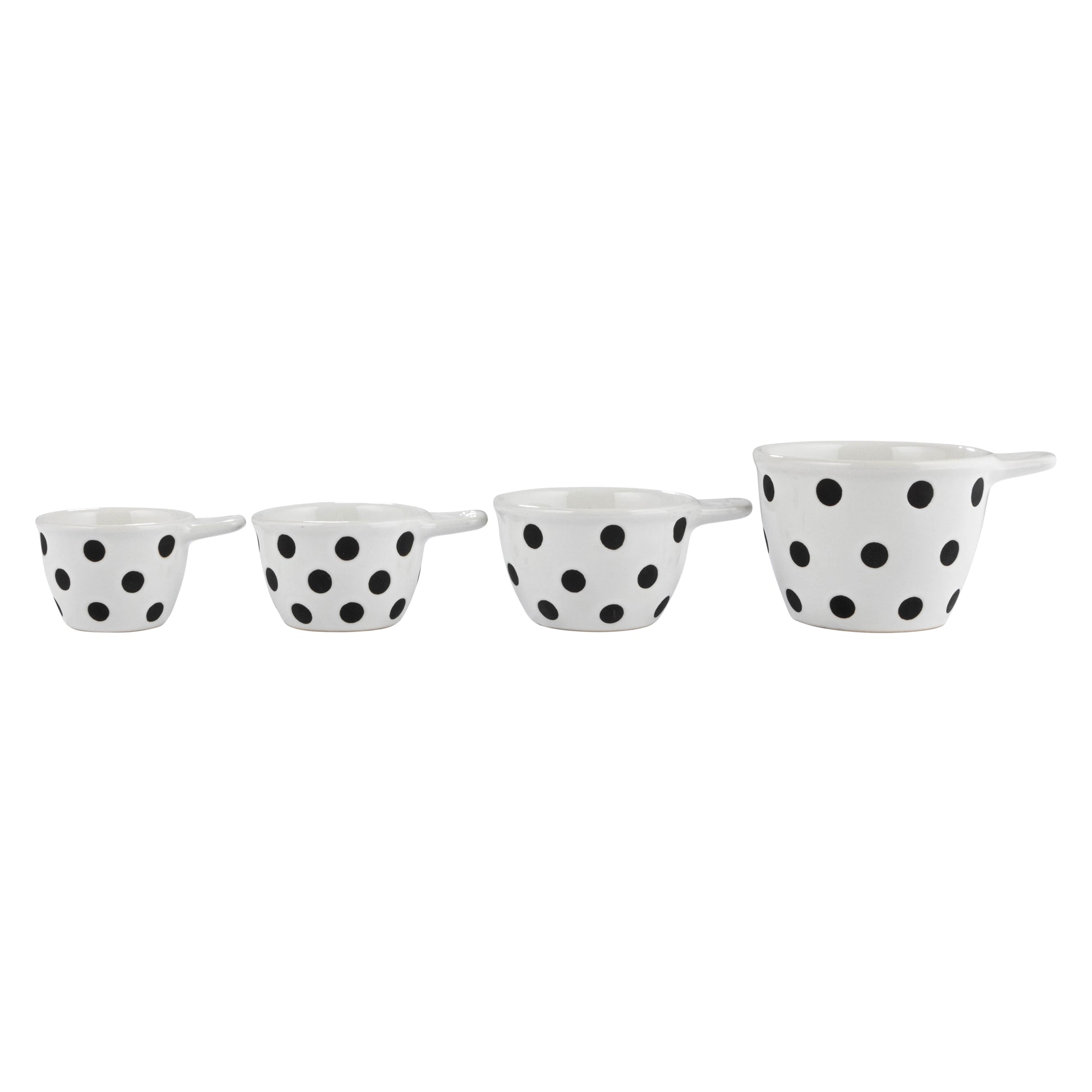 Creative Co-Op Ceramic Measuring Cups with Polka Dots, Set of 4 Sizes, Black and White