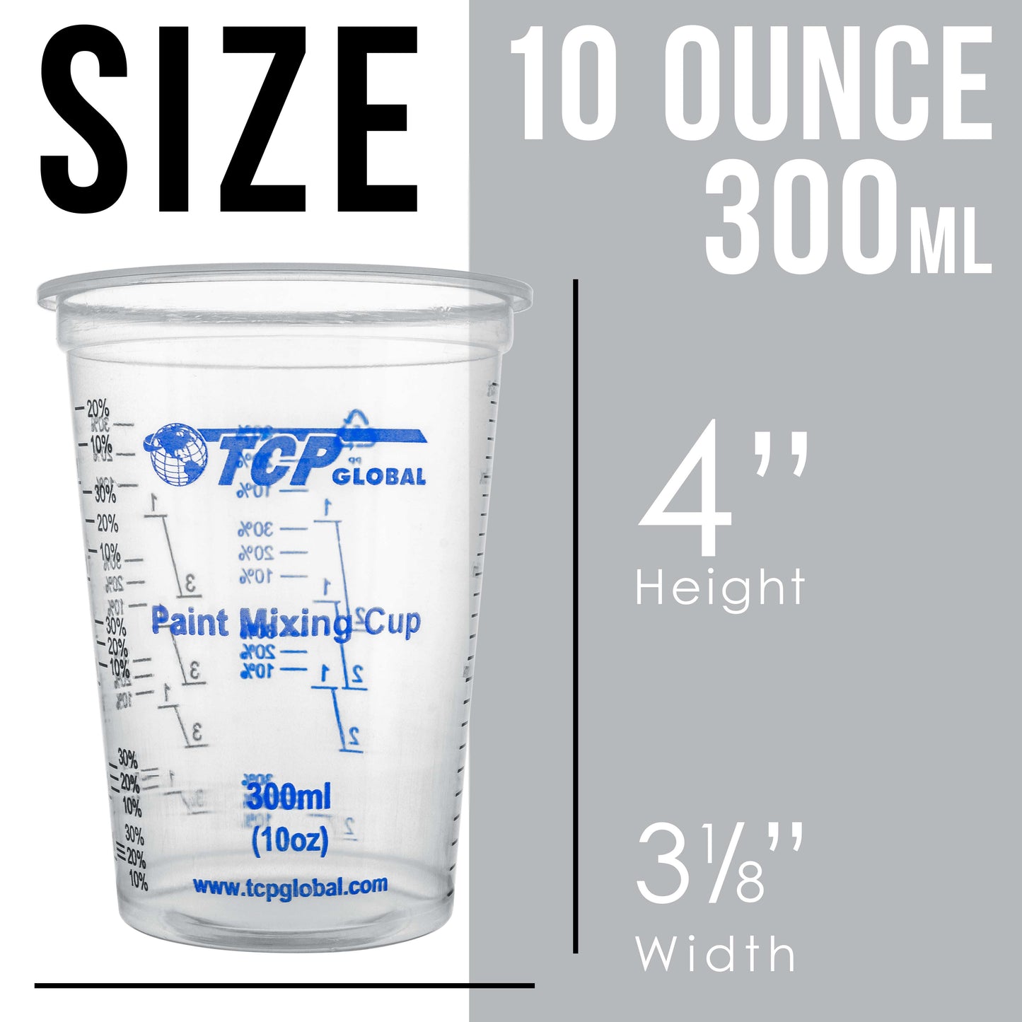 TCP Global 10 Ounce (300ml) Disposable Flexible Clear Graduated Plastic Mixing Cups - Box of 100 Cups & 50 Mixing Sticks - Use for Paint, Resin, Epoxy, Art, Kitchen - Measuring Ratios 2-1, 3-1, 4-1 ML