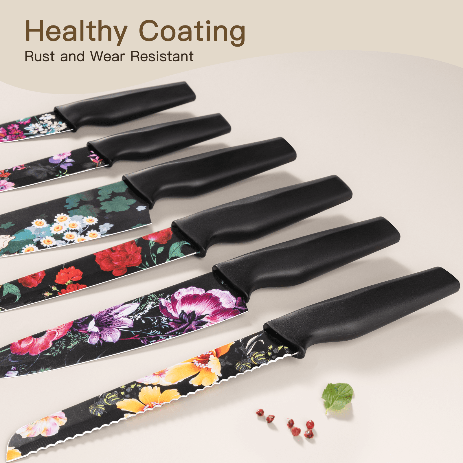 Astercook 6 Piece Flower Kitchen Knife Set, German High Carbon Stainless Steel Knives Sets with 6 Blade Guards Dishwasher Safe, Perfect Gifts for Kitchen