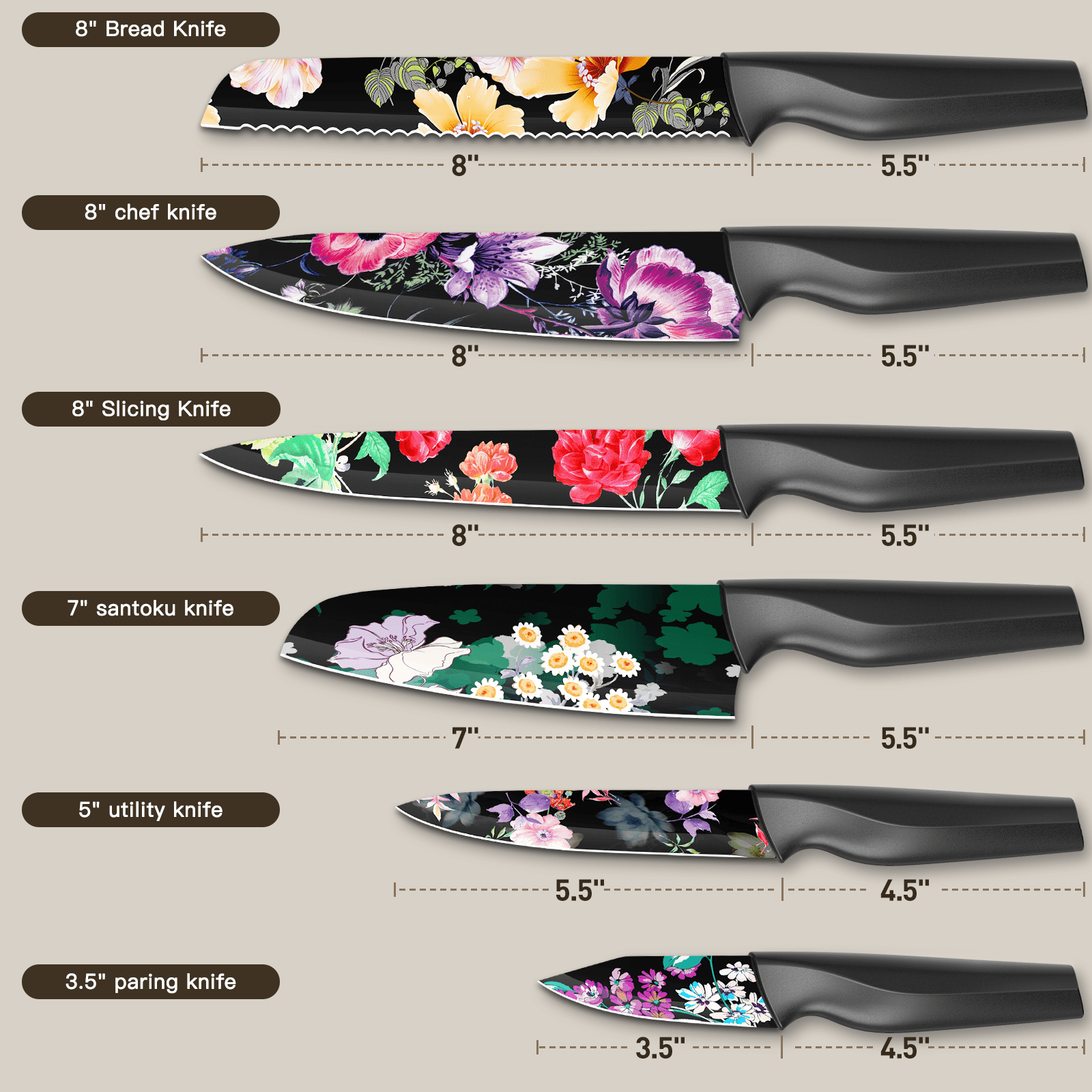 Astercook 6 Piece Flower Kitchen Knife Set, German High Carbon Stainless Steel Knives Sets with 6 Blade Guards Dishwasher Safe, Perfect Gifts for Kitchen