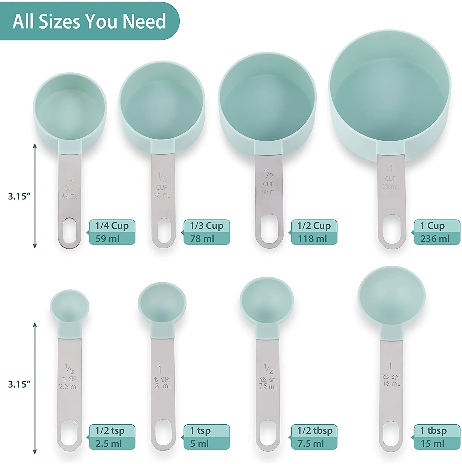 Yeebline Measuring Cups and Spoons Set of 8 Pieces, Nesting Measure Cups with Stainless Steel Handle, for Dry and Liquid Ingredient - Lake Blue