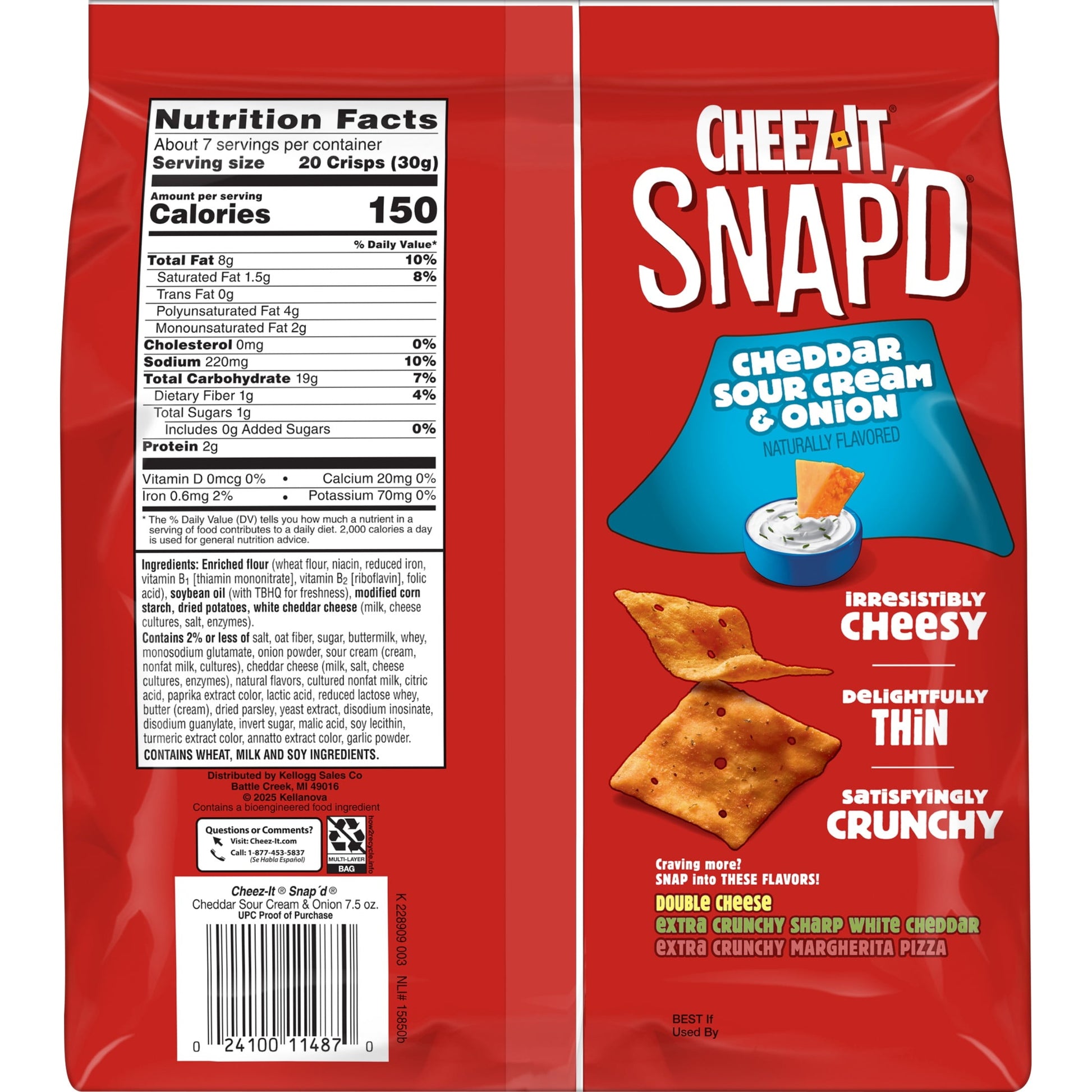 Cheez-It Snap'd Cheddar Sour Cream and Onion Cheese Cracker Chips, Thin Crisps, 7.5 oz