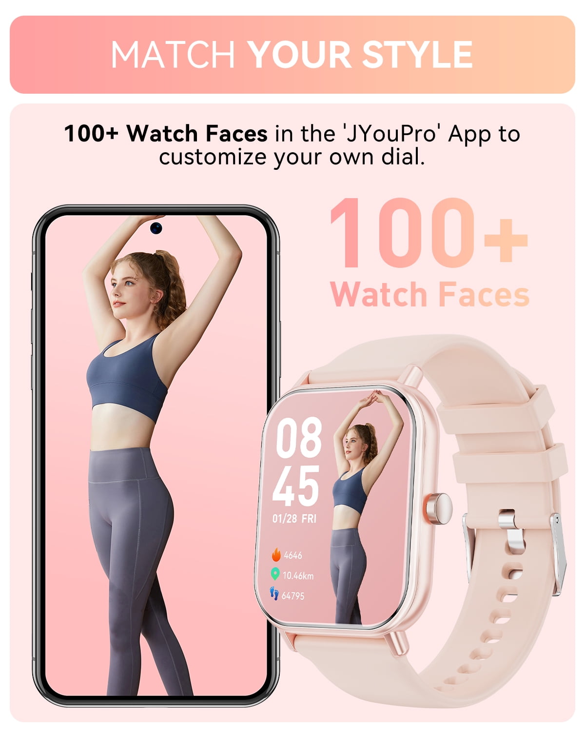Mingwear 1.85-Inch Men's and Women's smartwatch fits for Android and iPhone Devices with Fitness Tracker, Pedometer, Answer/Call/120 Sport Modes, IP67 Waterproof Fitness Watch (Pink)