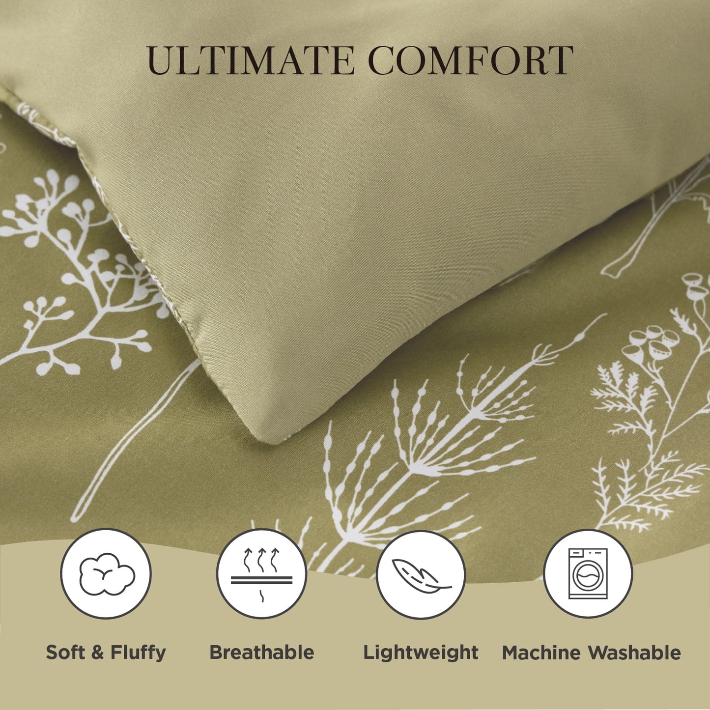 Cozy Comfort 3 Pieces Comforter Sets, 1 Soft Reversible Botanical Flowers Comforter and 2 Pillow Shams, Olive Green, Queen Size