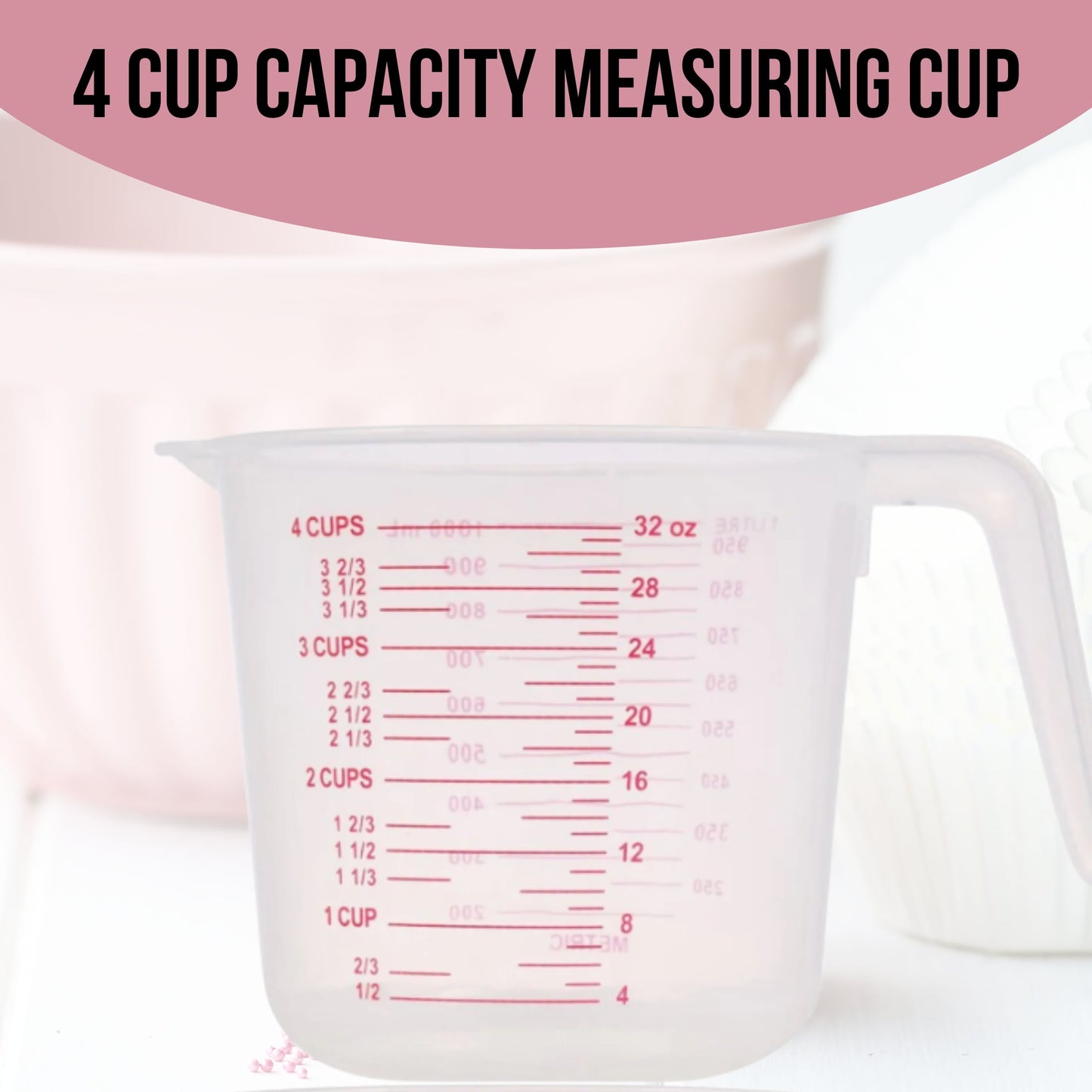 Large 4-Cup Capacity Clear Plastic Measuring Cup, Cooking Baking Home Kitchen Tool with Cups Ounces Milliliter Markings Bakery Restaurant Pastry Cafeterias Cafe Coffee Shops Gift Utensil