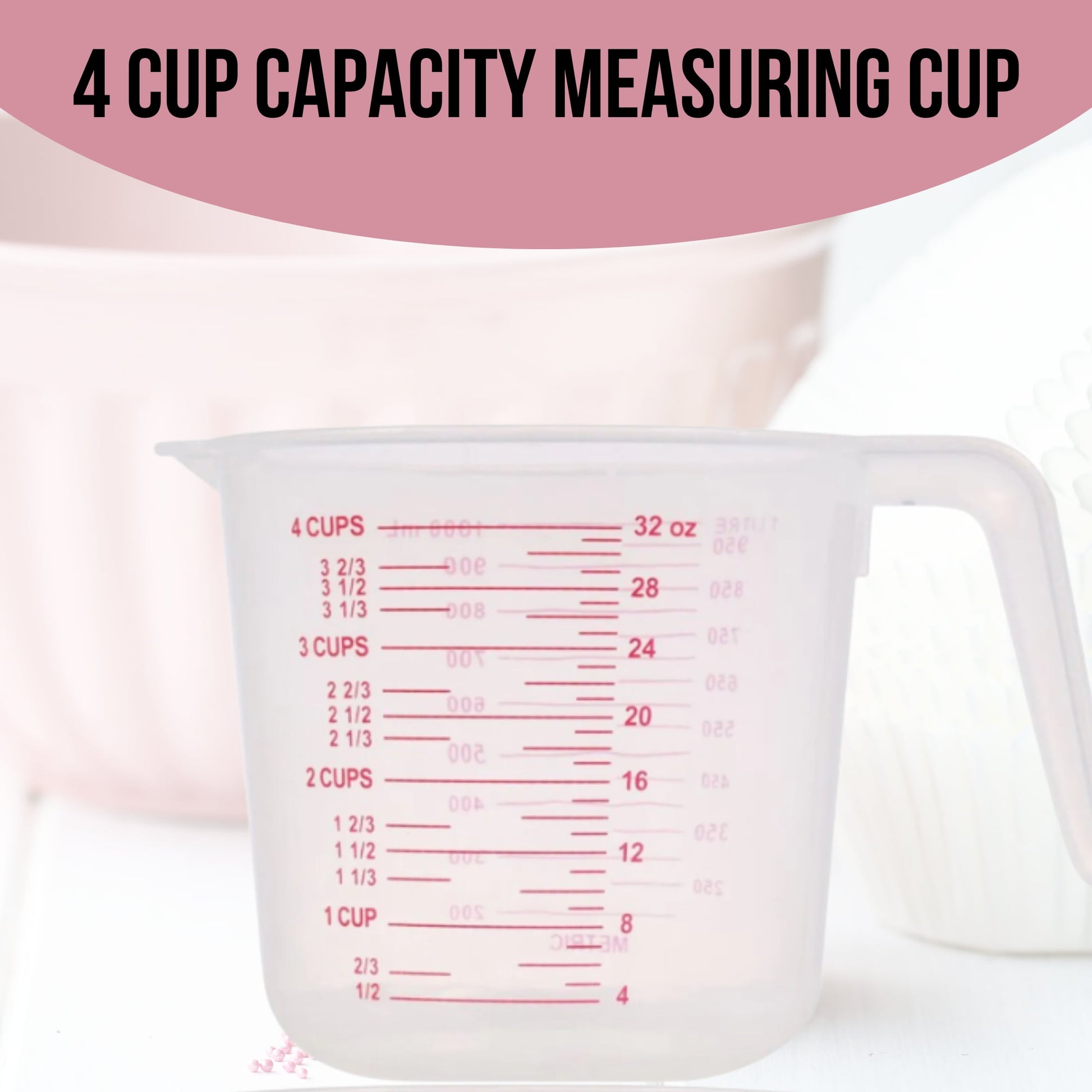 Large 4-Cup Capacity Clear Plastic Measuring Cup, Cooking Baking Home Kitchen Tool with Cups Ounces Milliliter Markings Bakery Restaurant Pastry Cafeterias Cafe Coffee Shops Gift Utensil