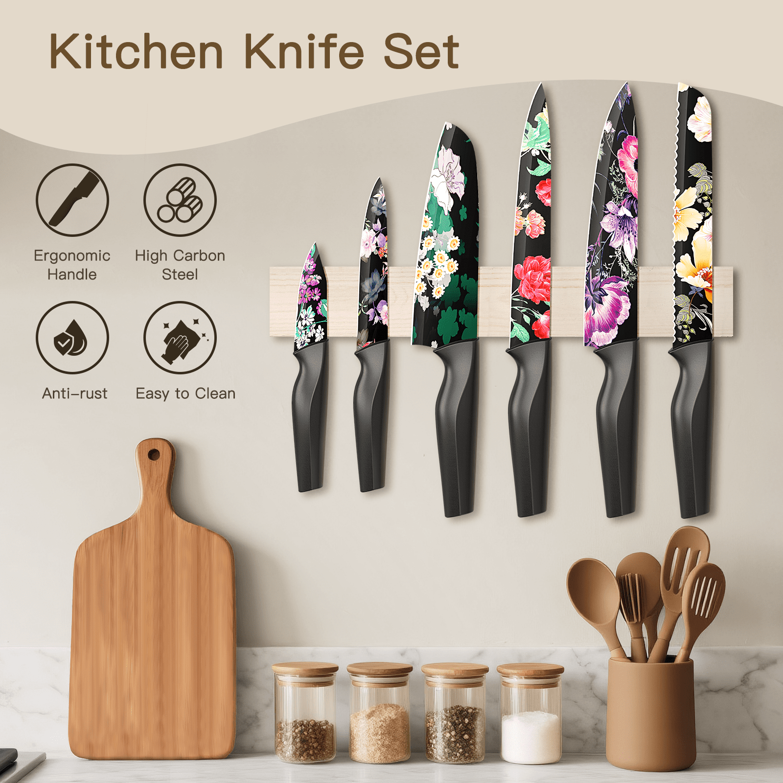 Astercook 6 Piece Flower Kitchen Knife Set, German High Carbon Stainless Steel Knives Sets with 6 Blade Guards Dishwasher Safe, Perfect Gifts for Kitchen