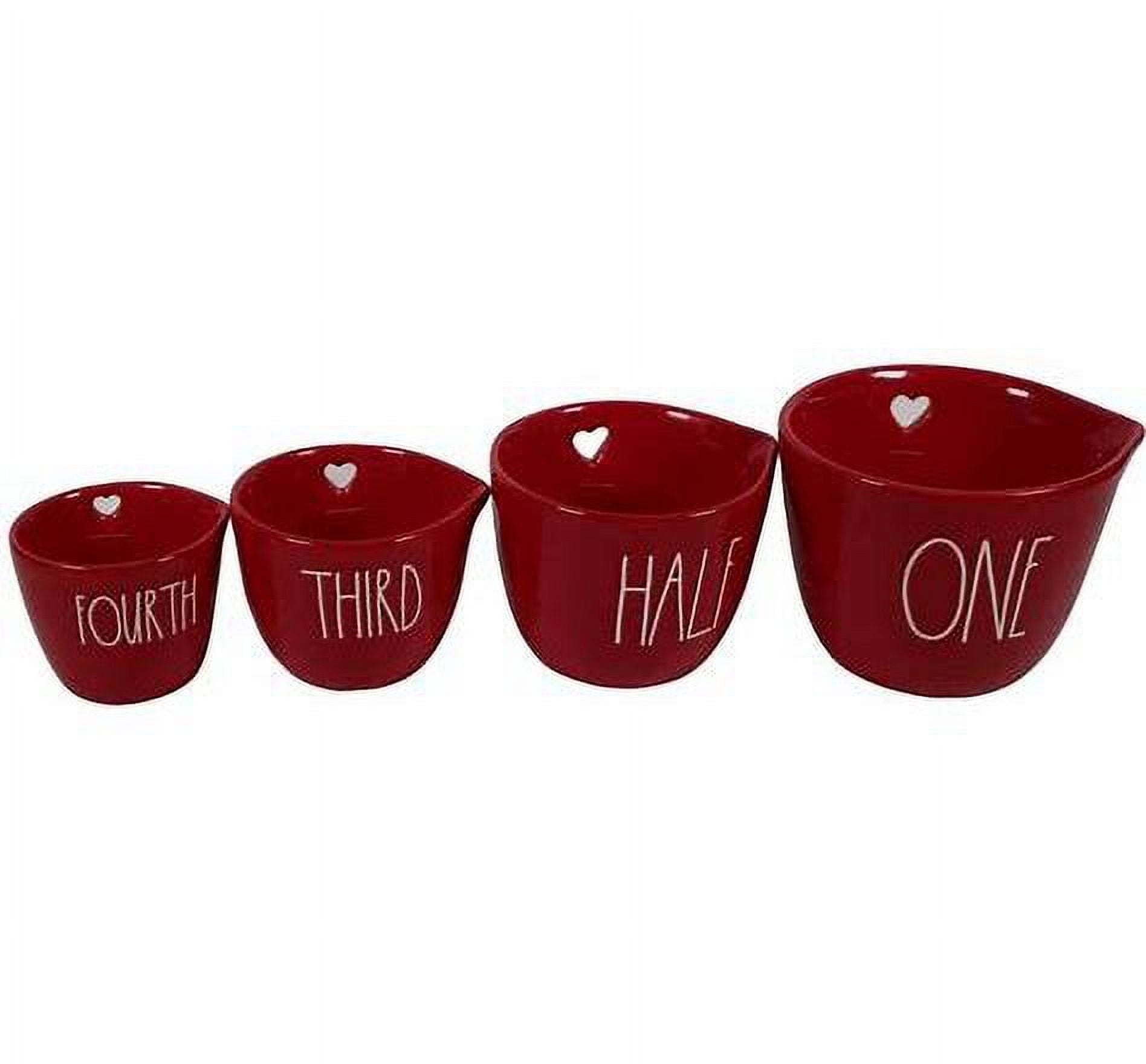 Rae Dunn ONE Red Ceramic Measuring Cup Set of 4 includes one cup; half cup; third cup and fourth cup Heart Cutout on back side Ivory LL Letters Valentine's Day
