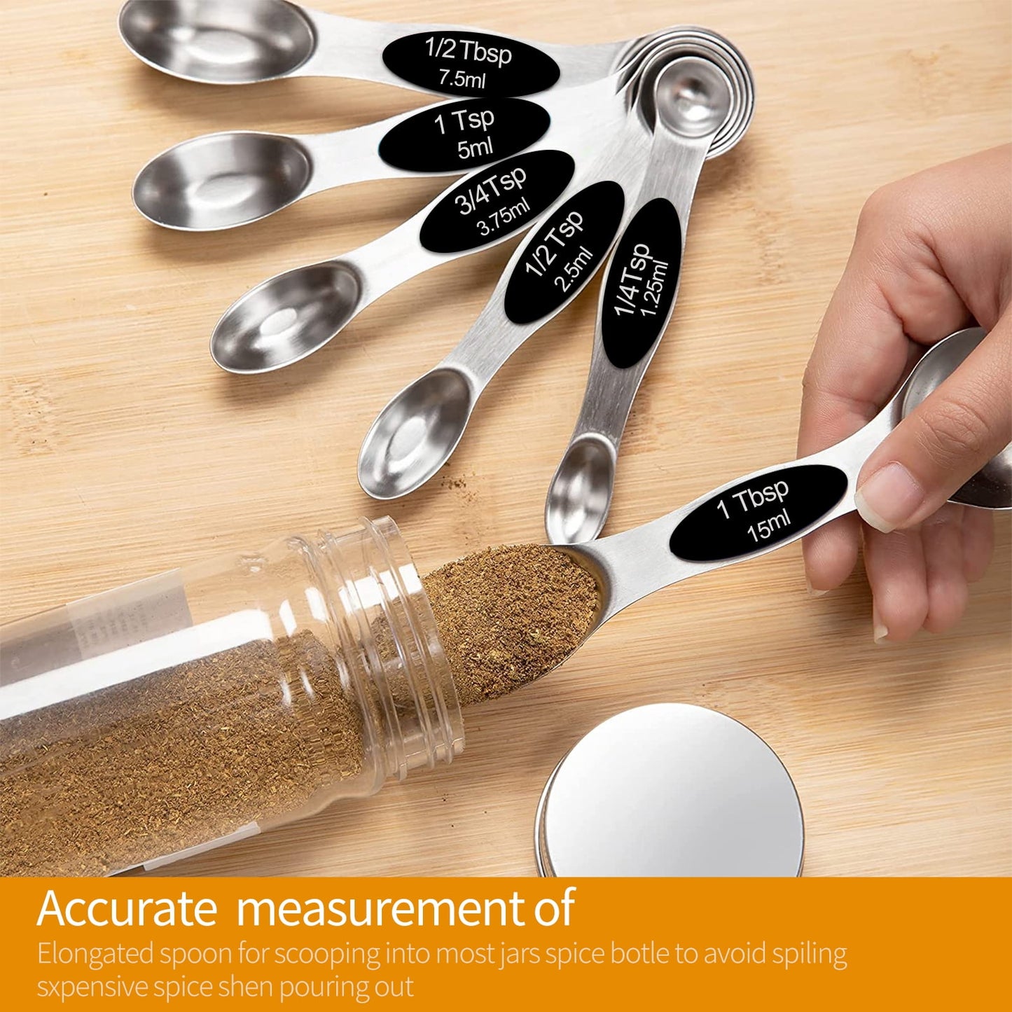 Magnetic Measuring Spoons Set, Dual Sided, Stainless Steel, Fits in Spice Jars (8Pcs-Black)