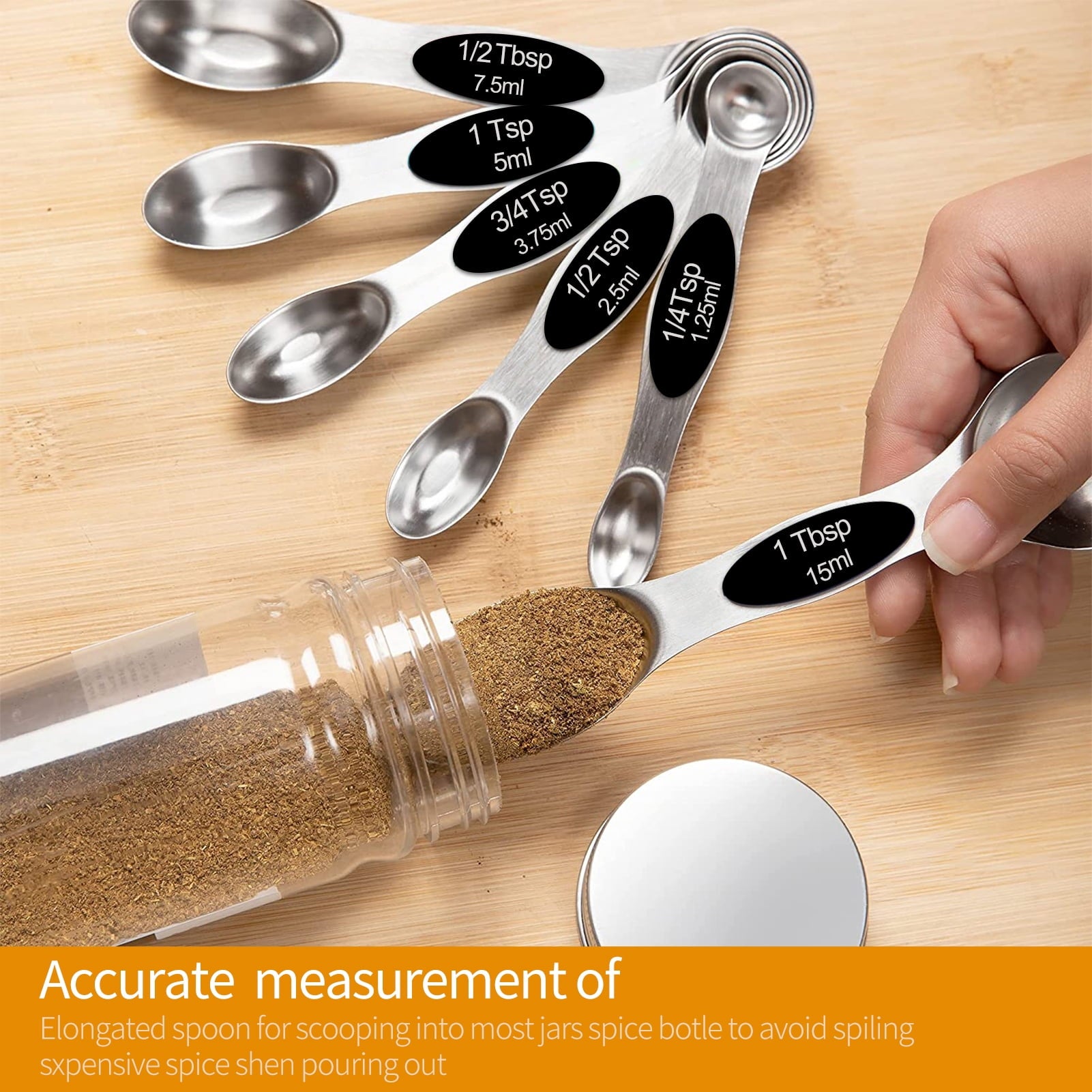 Magnetic Measuring Spoons Set, Dual Sided, Stainless Steel, Fits in Spice Jars (8Pcs-Black)