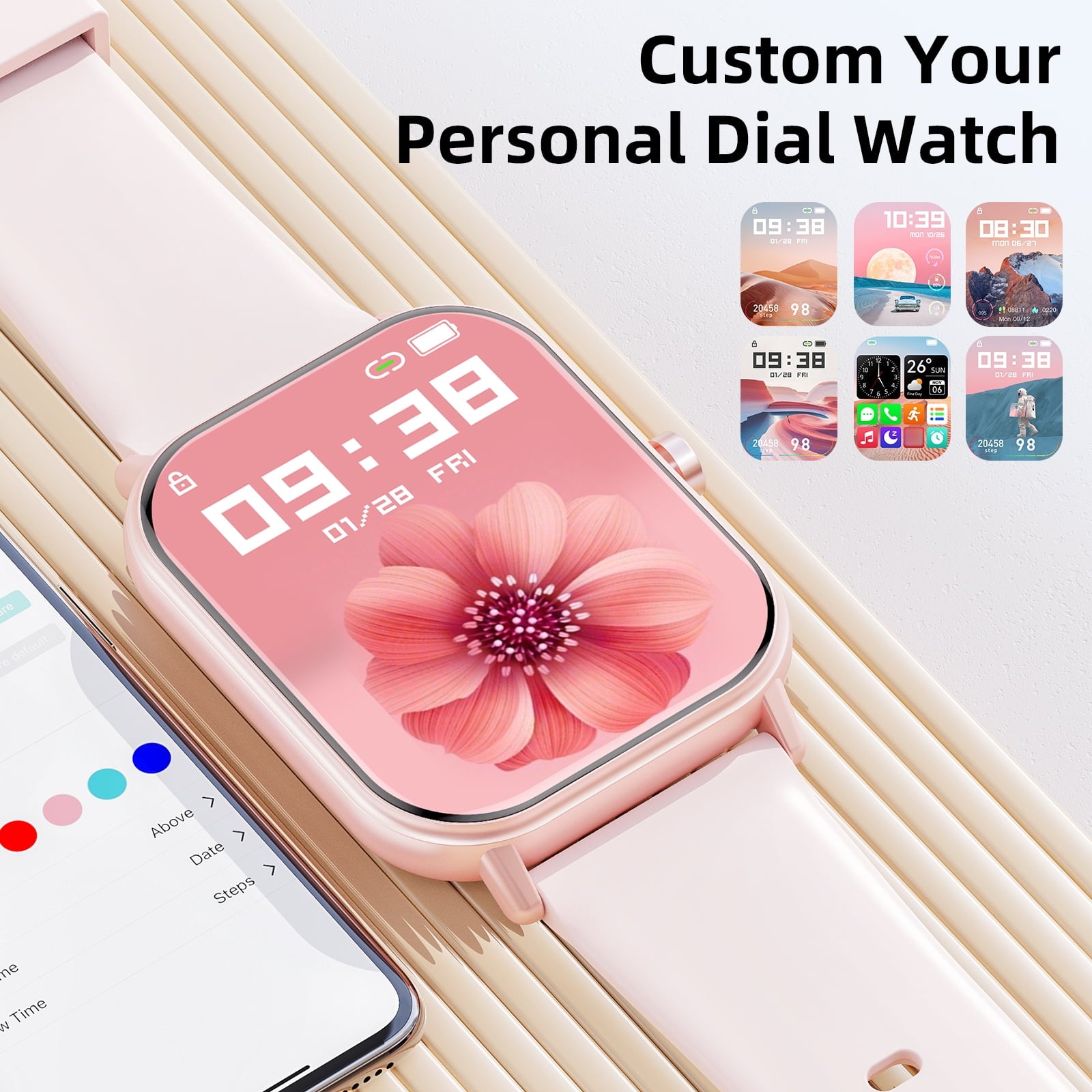 Mingwear 1.85-Inch Men's and Women's smartwatch fits for Android and iPhone Devices with Fitness Tracker, Pedometer, Answer/Call/120 Sport Modes, IP67 Waterproof Fitness Watch (Pink)