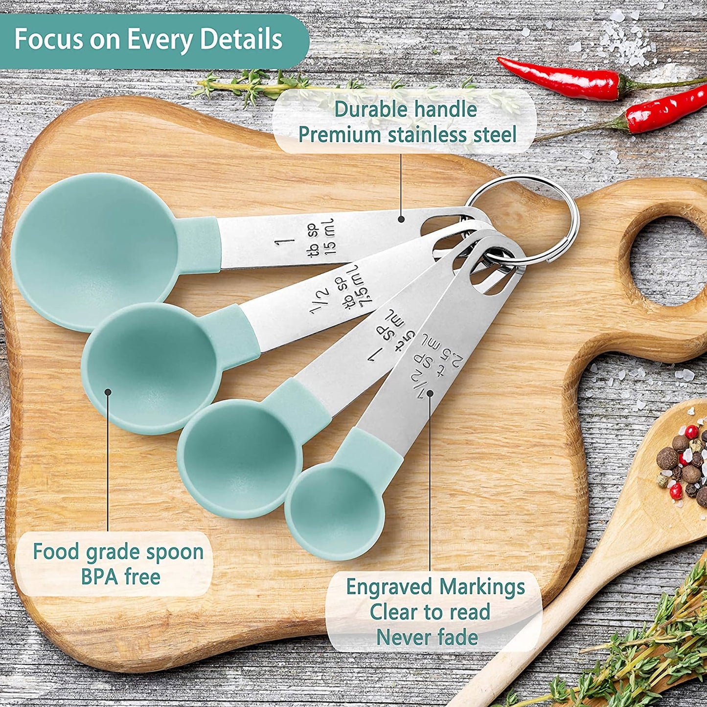 Yeebline Measuring Cups and Spoons Set of 8 Pieces, Nesting Measure Cups with Stainless Steel Handle, for Dry and Liquid Ingredient - Lake Blue