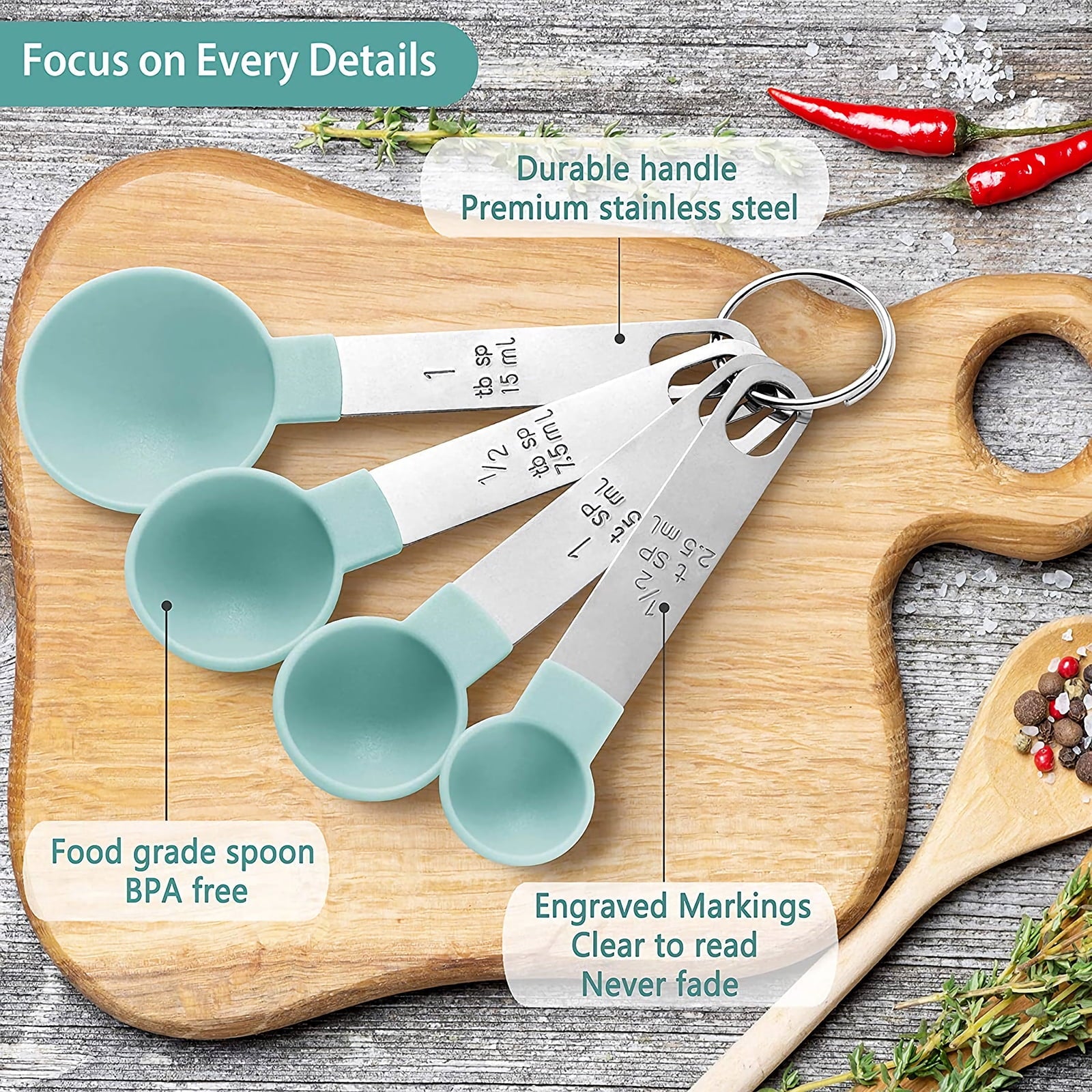 Yeebline Measuring Cups and Spoons Set of 8 Pieces, Nesting Measure Cups with Stainless Steel Handle, for Dry and Liquid Ingredient - Lake Blue