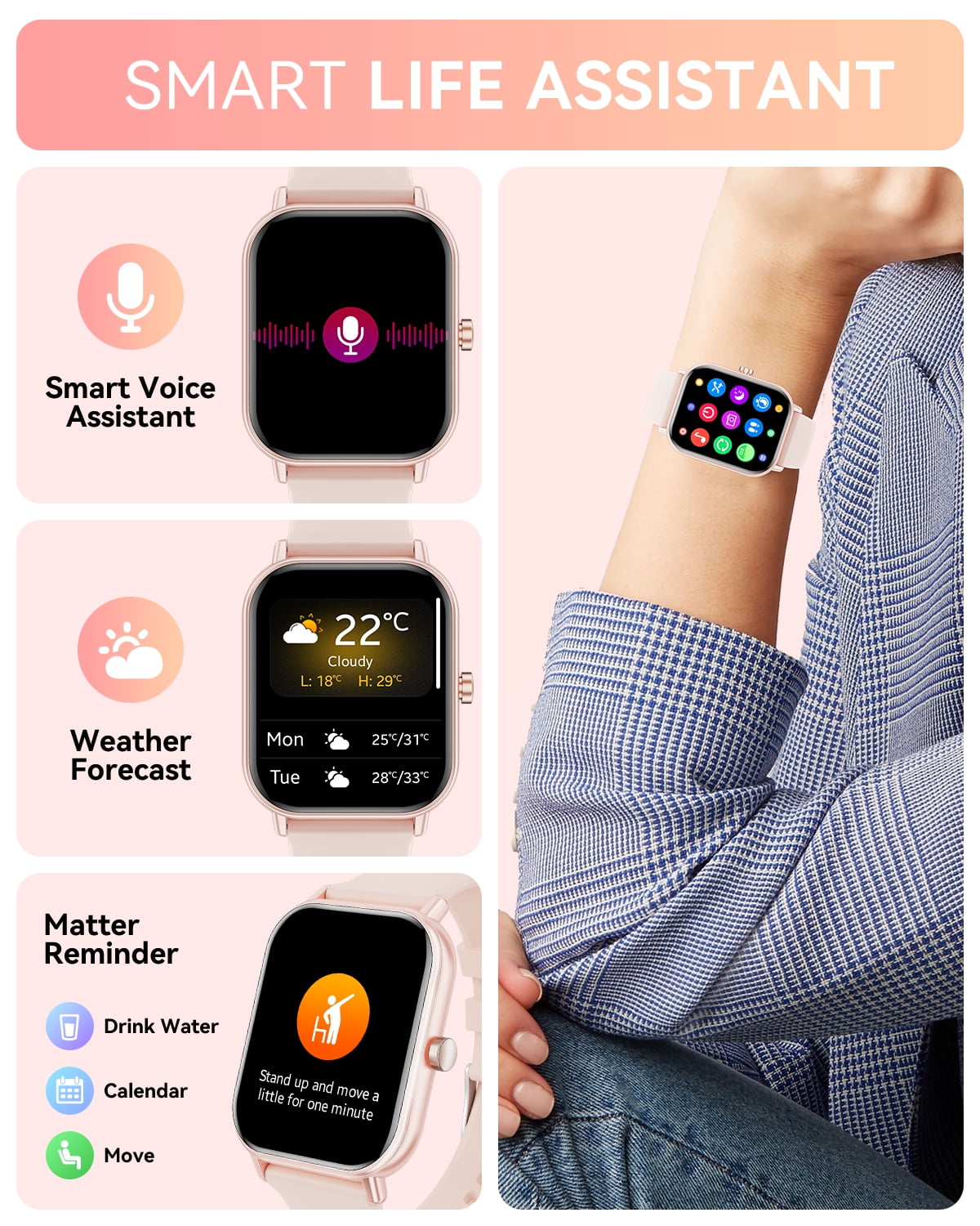 Mingwear 1.85-Inch Men's and Women's smartwatch fits for Android and iPhone Devices with Fitness Tracker, Pedometer, Answer/Call/120 Sport Modes, IP67 Waterproof Fitness Watch (Pink)