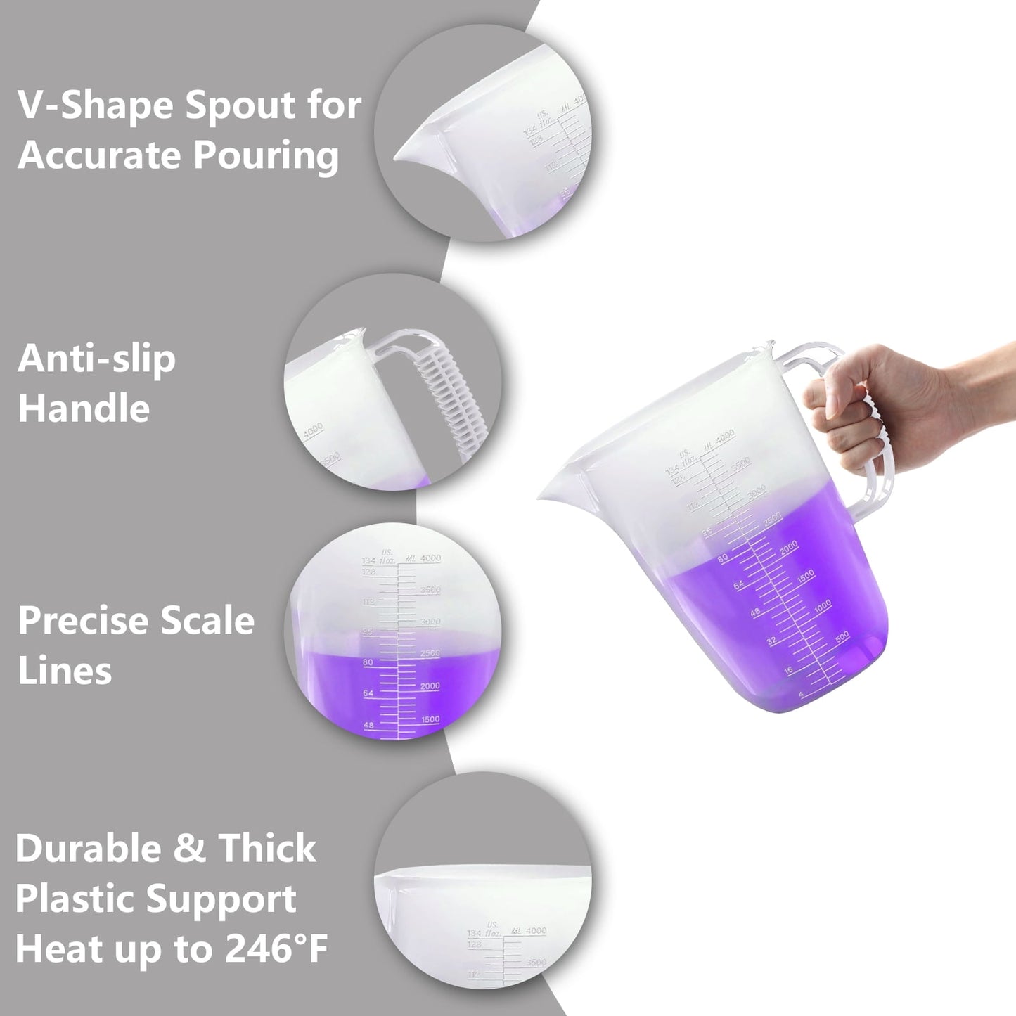 WhiteRhino 1 Gallon Measuring Pitcher,134oz Large Plastic Measuring Cup for Lawn,Pool Chemicals, Motor Oil Fluids