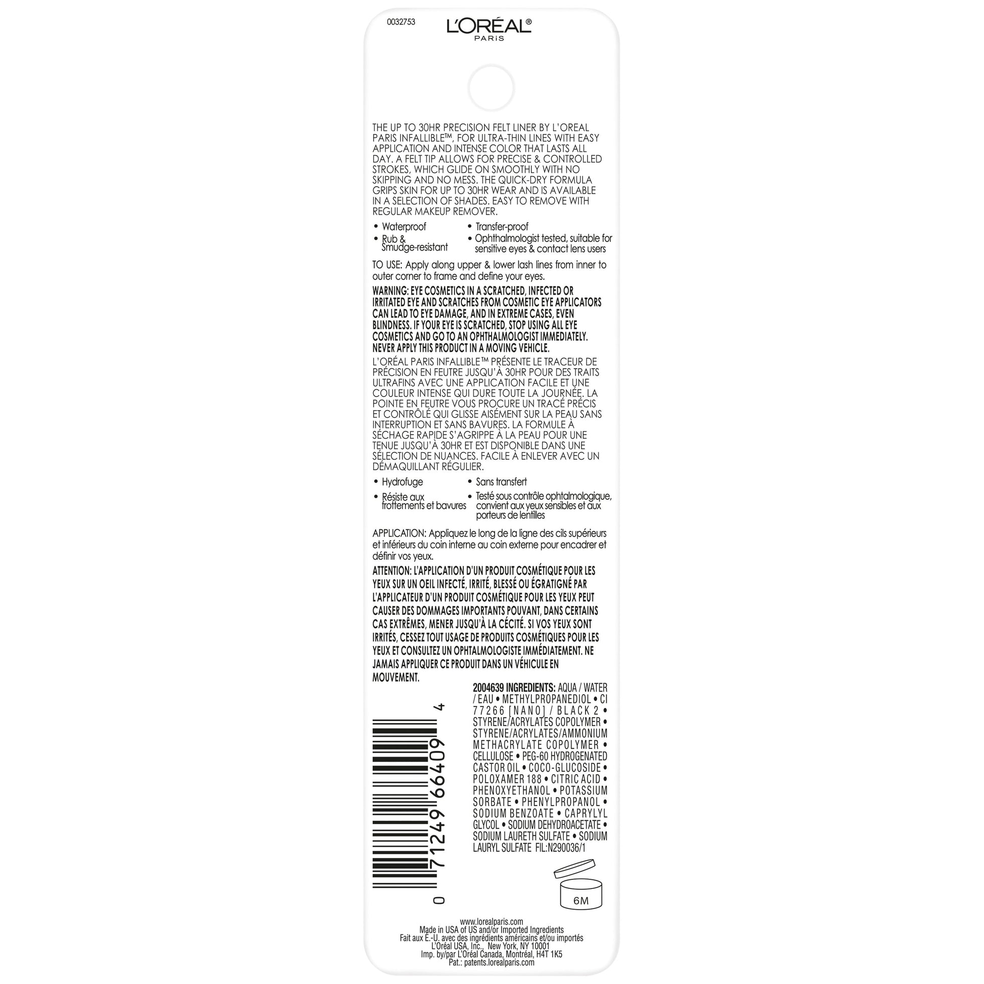 L'Oreal Paris Infallible Precision Felt Waterproof Eyeliner, Black, 0.03 fl oz