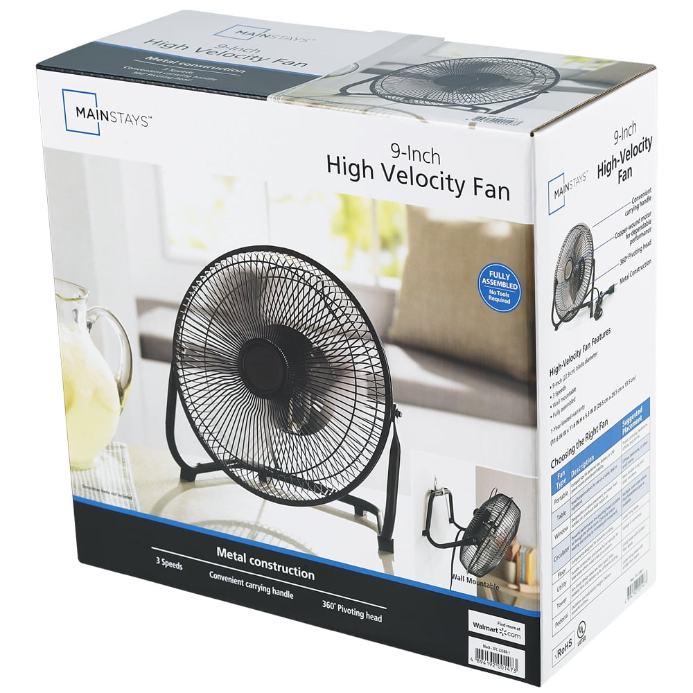 Mainstays 9" 3-Speed High Velocity Wall Mountable Black New Floor Fan