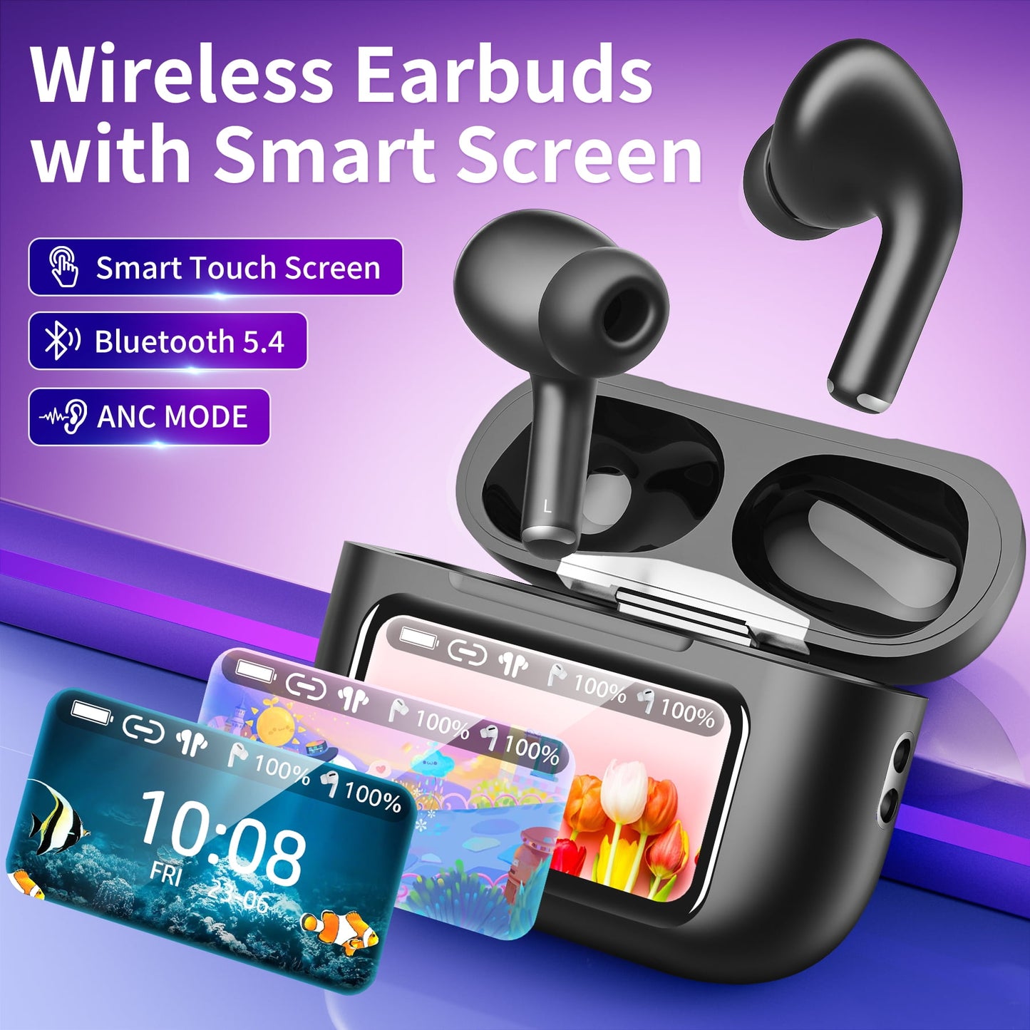 VEAT00L A9 ANC+ENC Earbuds with Smart Touch Screen,Bluetooth 5.4, HiFi Stereo Multiple EQ settings