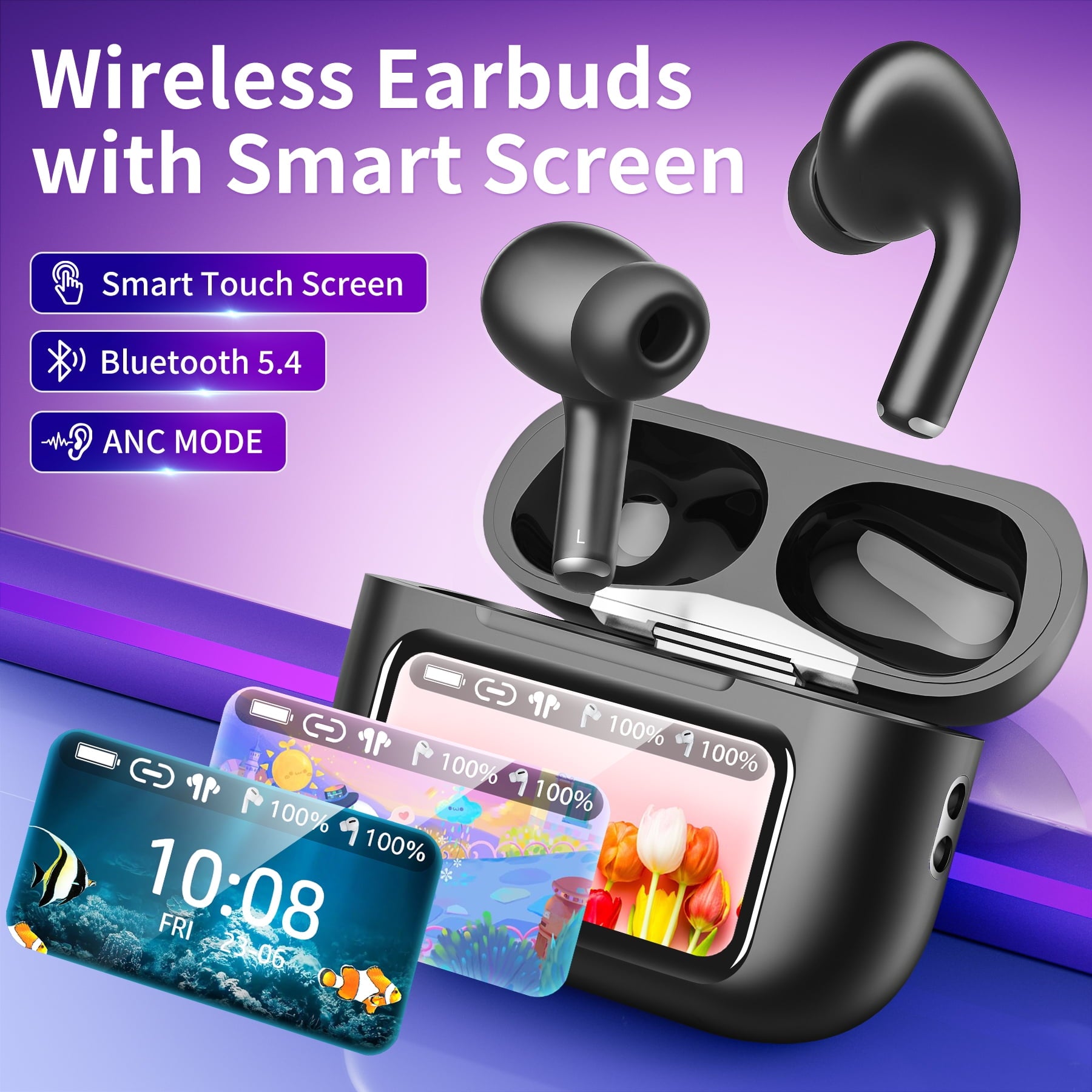 VEAT00L A9 ANC+ENC Earbuds with Smart Touch Screen,Bluetooth 5.4, HiFi Stereo Multiple EQ settings