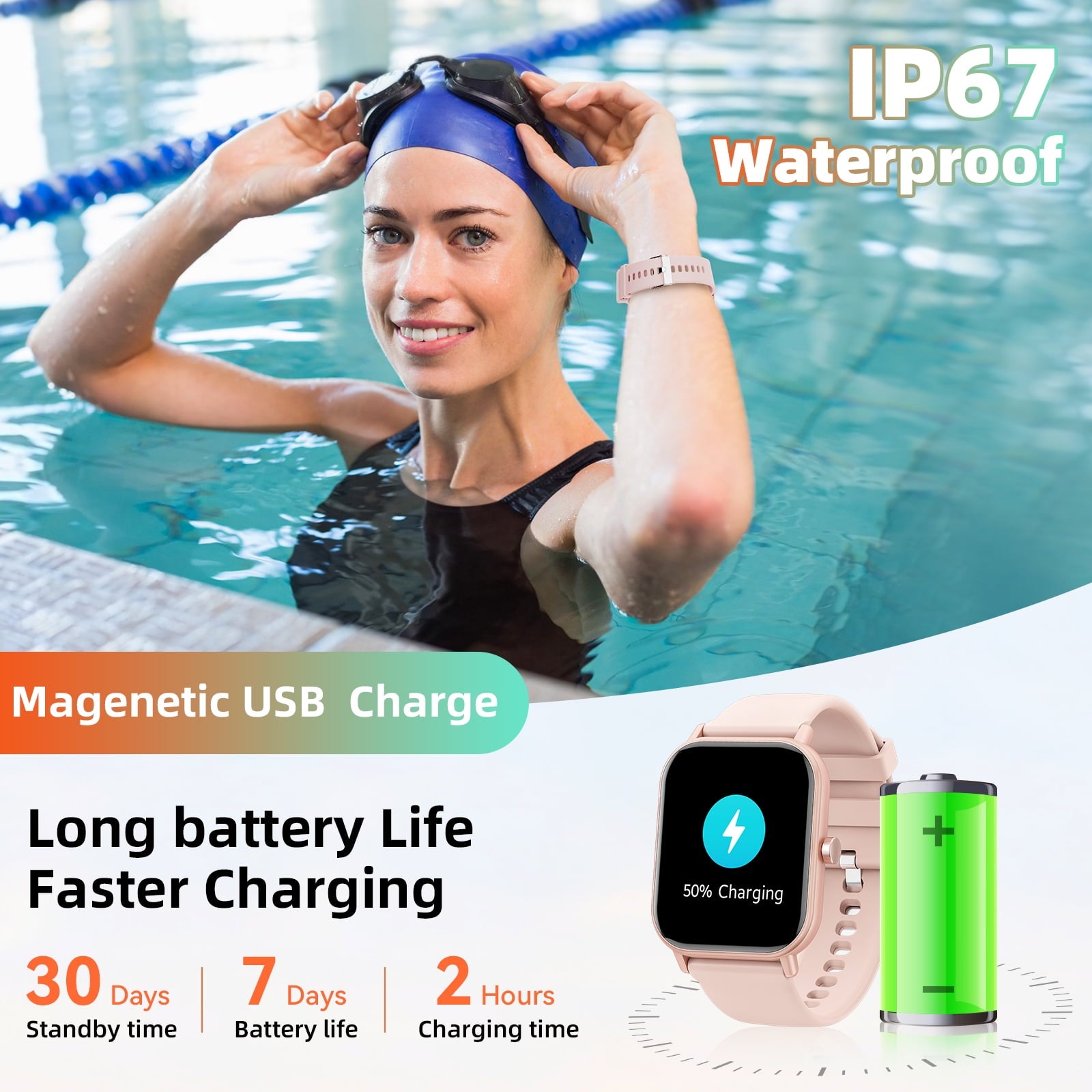 Mingwear 1.85-Inch Men's and Women's smartwatch fits for Android and iPhone Devices with Fitness Tracker, Pedometer, Answer/Call/120 Sport Modes, IP67 Waterproof Fitness Watch (Pink)