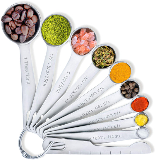 9 Measuring Spoons, Heavy Duty 18/8 Premium Stainless Steel Measuring Spoons Set, Spoons with US and Metric Measurements, Set of 9 + Leveler, Measuring tools for Dry and Liquid Ingredients