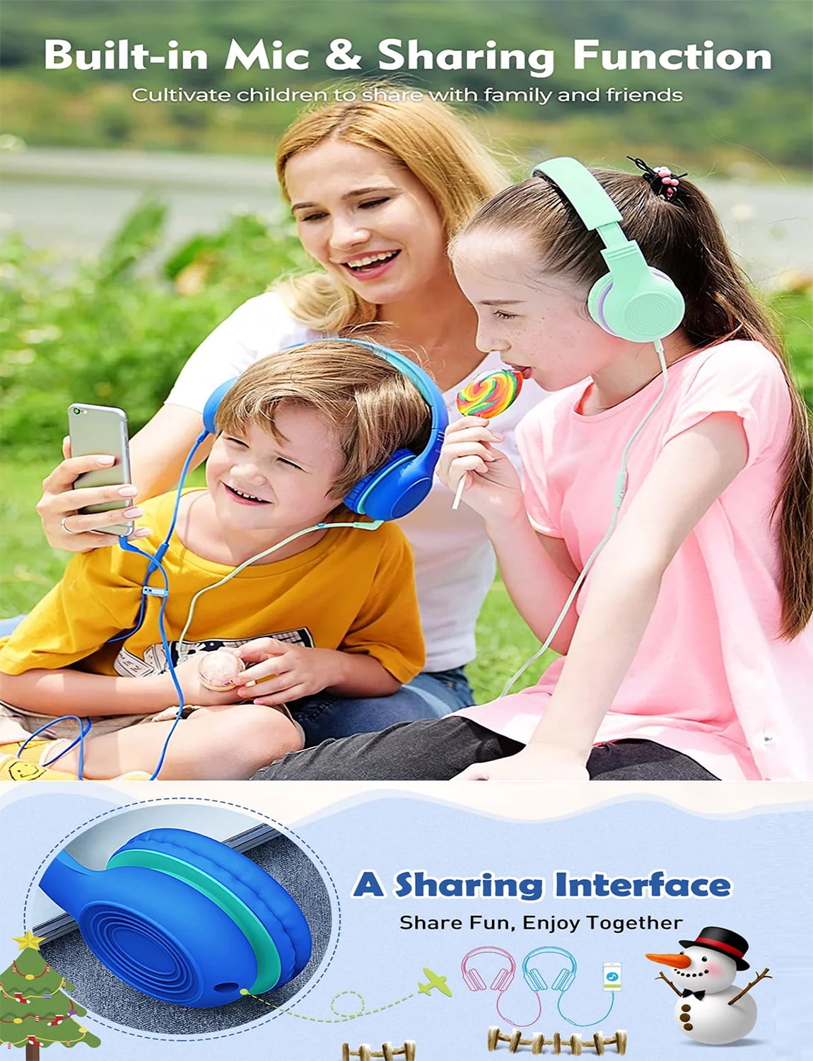 Mpow Kids Headphones with Microphone, Foldable 85/94dB Safe Volume Stereo Adjustable over Ear Headphones for Kids, Girls, Boys, Children, Share Function Wired Kids Headphones for School Tablet