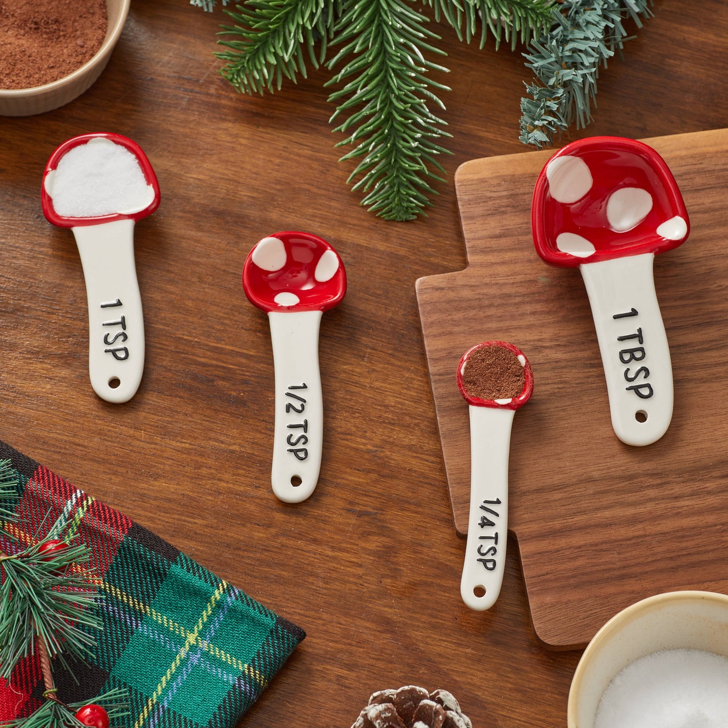 Bico Mushroom Gnome Hand Painted Stoneware Measuring Spoon Set, Cute Christmas Kitchen Accessories for Baking, Cooking, Dishwasher Safe