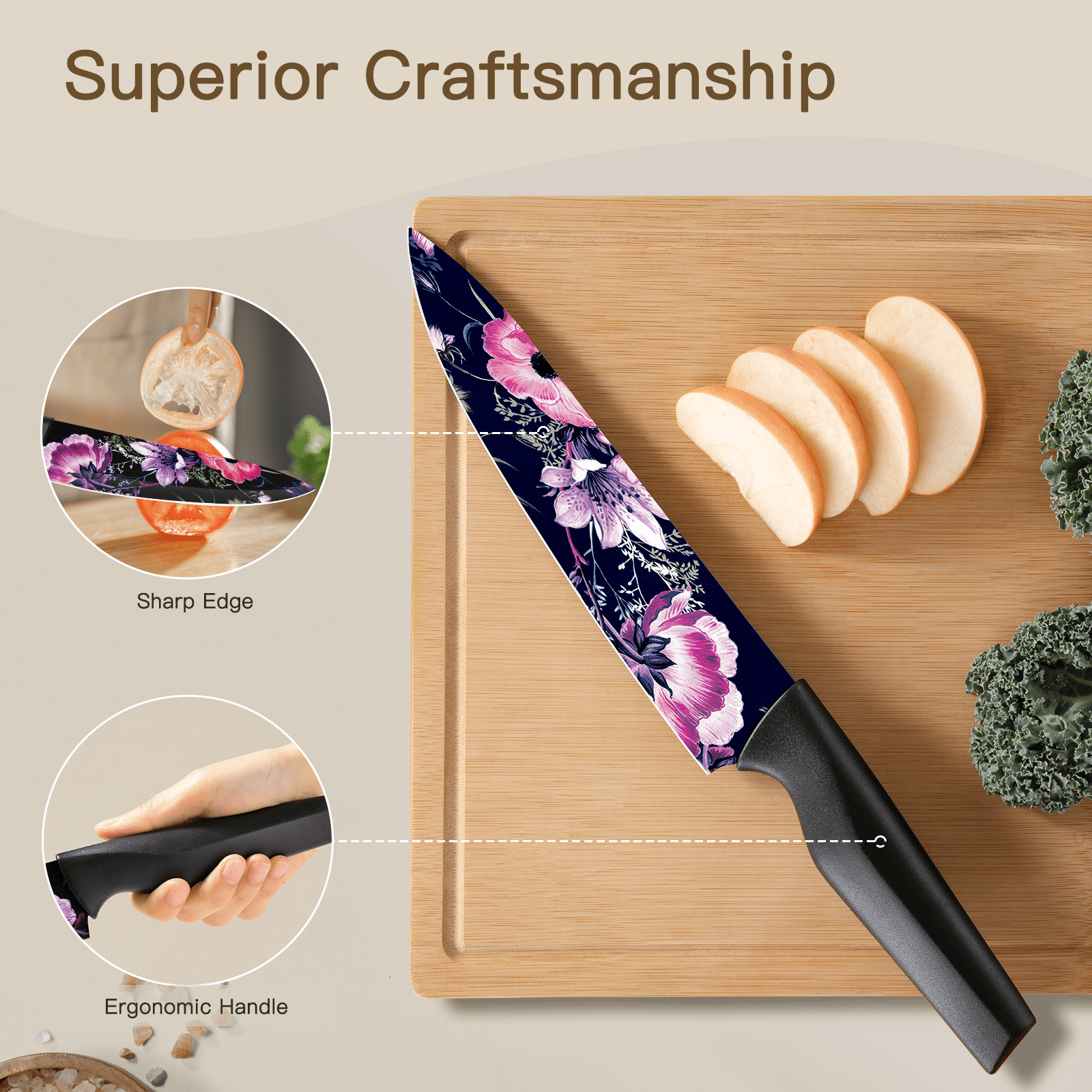Astercook 6 Piece Flower Kitchen Knife Set, German High Carbon Stainless Steel Knives Sets with 6 Blade Guards Dishwasher Safe, Perfect Gifts for Kitchen