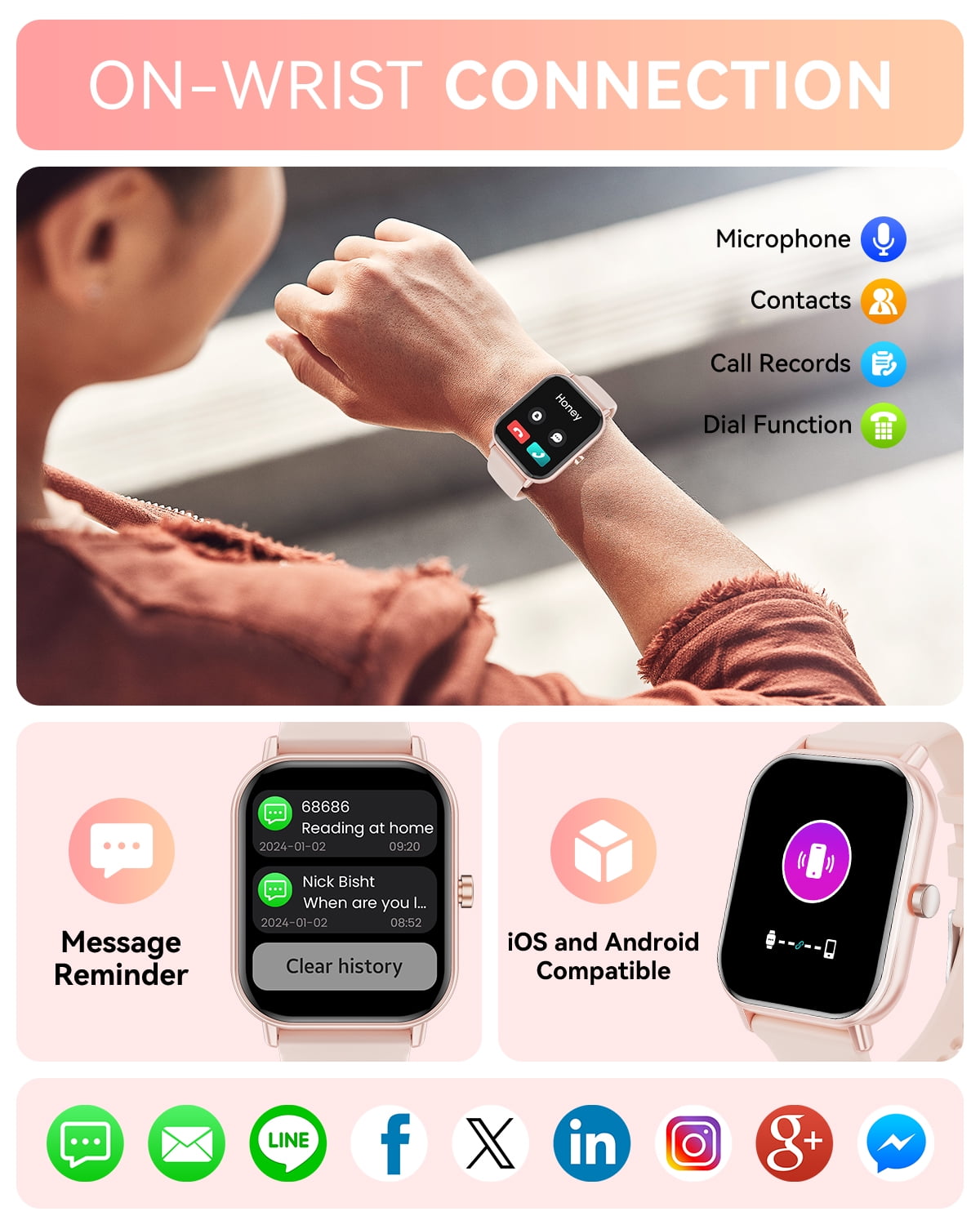 Mingwear 1.85-Inch Men's and Women's smartwatch fits for Android and iPhone Devices with Fitness Tracker, Pedometer, Answer/Call/120 Sport Modes, IP67 Waterproof Fitness Watch (Pink)