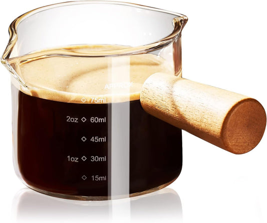 Baalaka Espresso Cup with Wood Handle - Double Spout & V-Mouth Glass, Dual Scale 3.5oz Milk Frother for Latte/Cappuccino