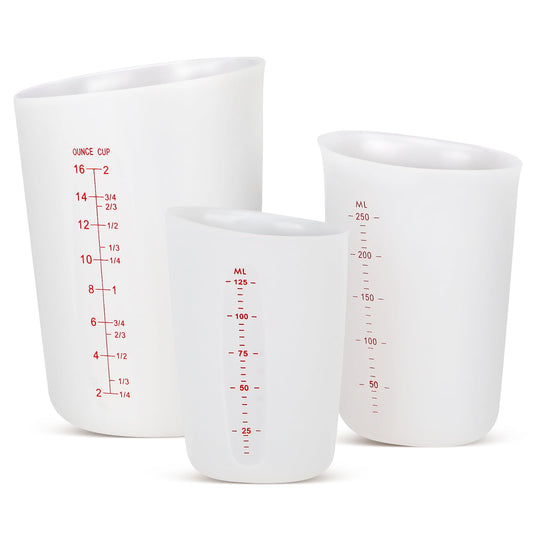 Badiano 3 Pcs High Heat Flexible Silicone Cups Set with ml/oz Marked  for Measuring Pouring, White