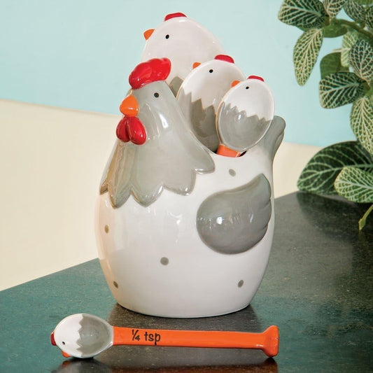 Bits and Pieces Ceramic Chicken Measuring Spoons – 4-Piece Kitchen Décor